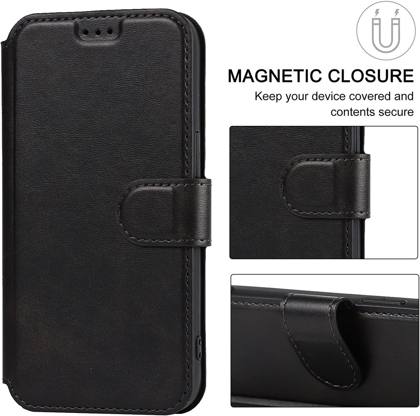 QLTYPRI Case for iPhone 13 Premium PU Leather Simple Wallet Case Card Slots Kickstand Magnetic Closure Shockproof Flip Cover for iPhone 13 6.1 inch - Black - Image 4
