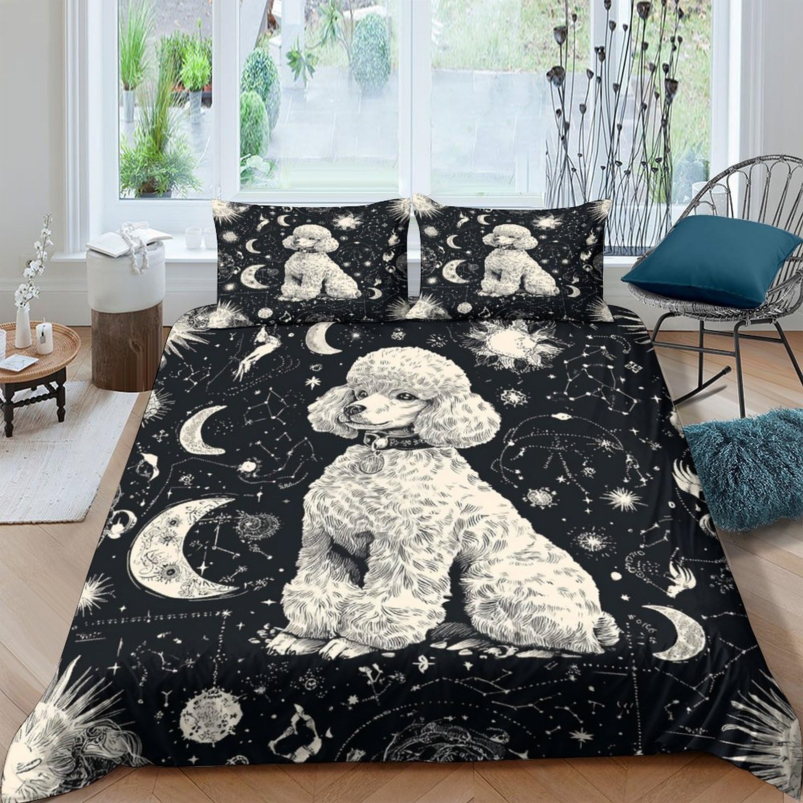 GPLZQXKJNH 3D Printed Poodle Moon Duvet Cover Microfiber Soft Breathable Starry Sky Bedding Set with 2 Pillowcases for Bedroom Decor Single（135x200cm）