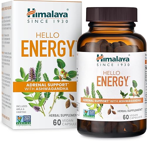 Himalaya Hello Energy Suplemento de hierbas con Ashwagandha, Amla, Haritaki, apoyo energético diario, positividad, metabolismo, sin cafeína, sin