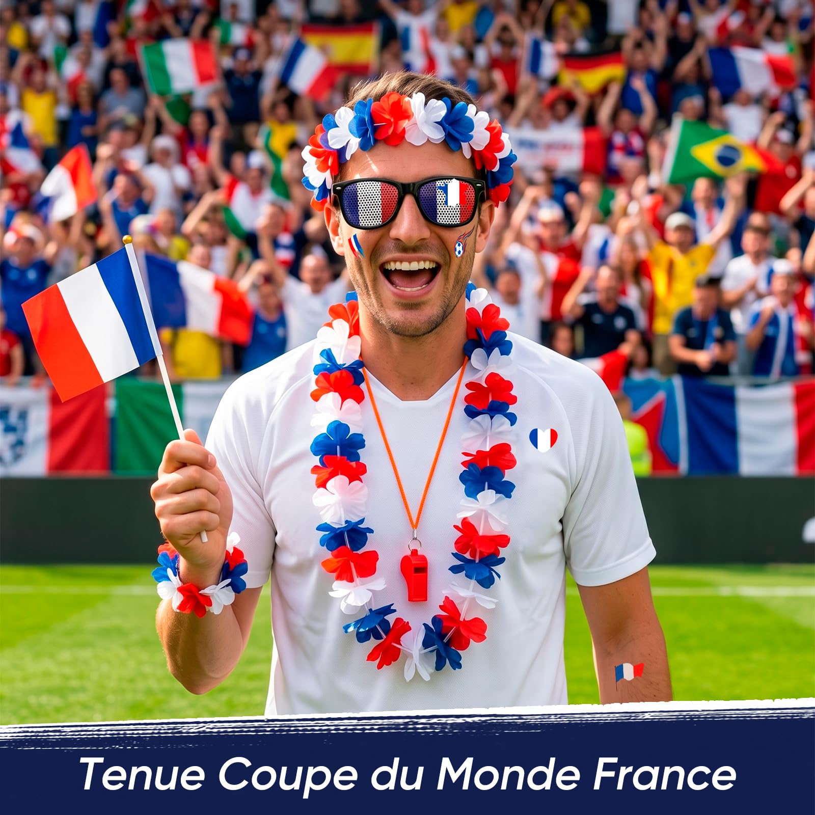 Kit Supporter France pour ﻿Grand Événement Football 2026 - Accessoires Bleu Blanc Rouge avec Lunettes Drapeau, Sifflet, 2 Drapeaux, 4 Stickers et Lei Set - Pack Supporter Equipe de France