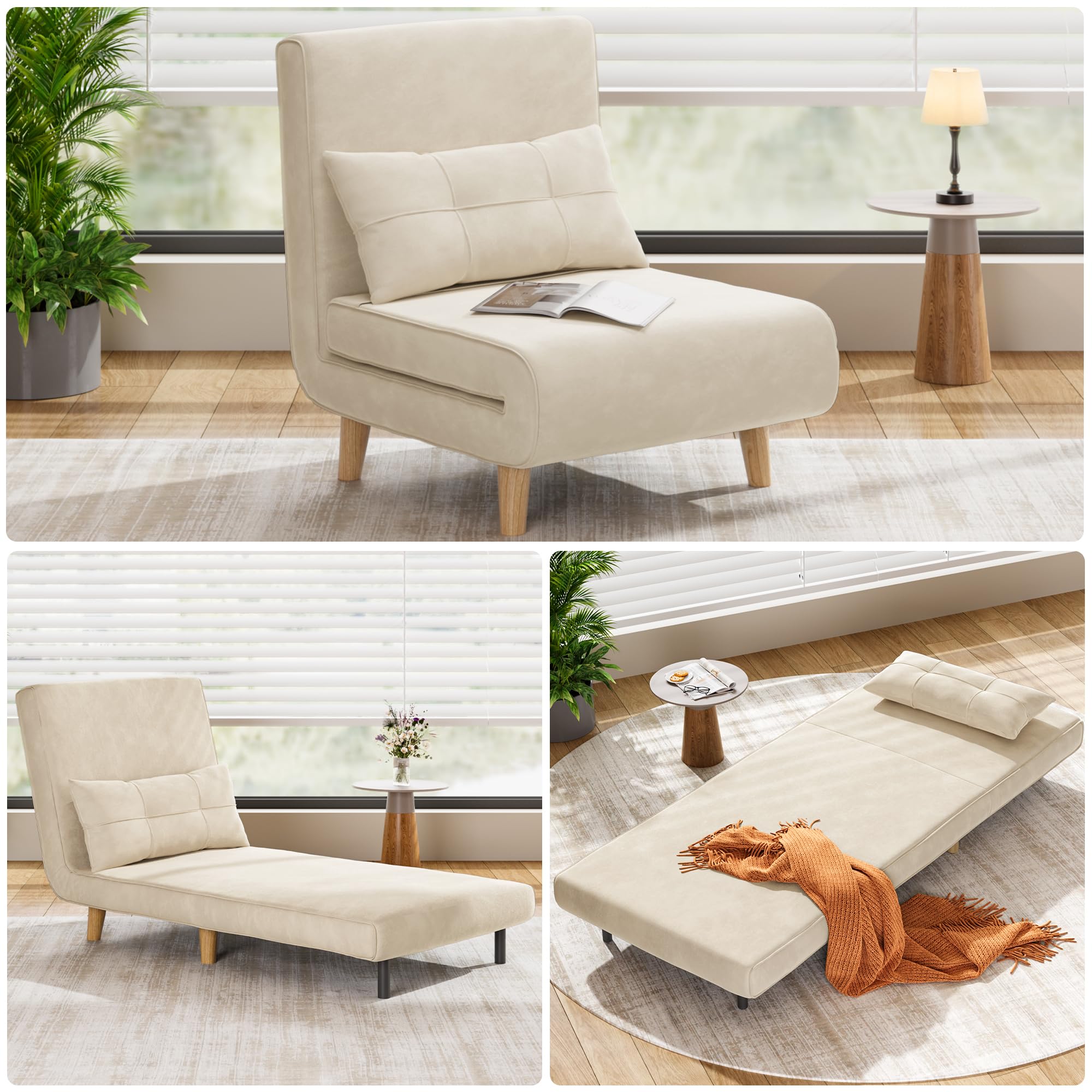 Aiho Futon Sofa Bed, 3-in-1 Convertible Sleeper Chair Bed, Futon Chair with 6-Level Adjustable Backrest and Pillow for Guest Room Apartment Dorm, Velvet Beige