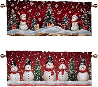 Christmas Snowman Kitchen Curtains Set of 2 Xmas Tree Winter Snowflake Red Decoration Window Valances Curtains Drapes for Kitchen Bedroom Window Treatment Valances 54x18in
