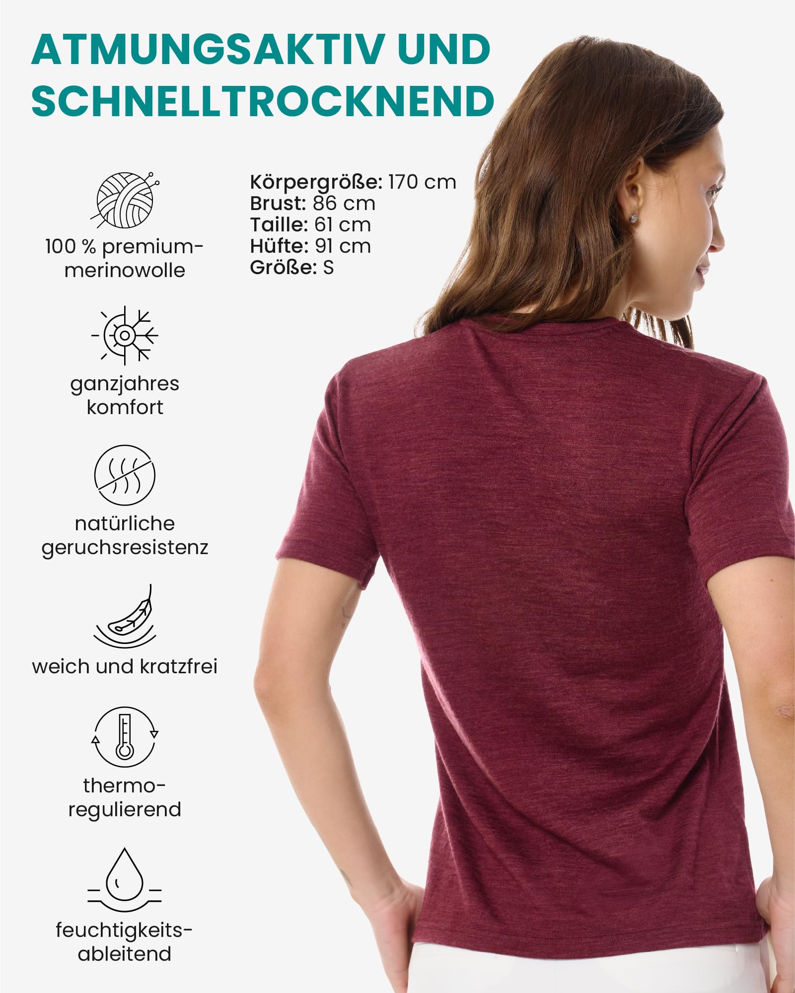 Merino.tech 100% Merino Damen Shirt - Sport Thermo Unterhemd | Rundhals, V-Ausschnitt, U-Ausschnitt, Wandern, Outdoor, natürlich weich Unterwäsche, schnelltrocknend, pflegeleicht