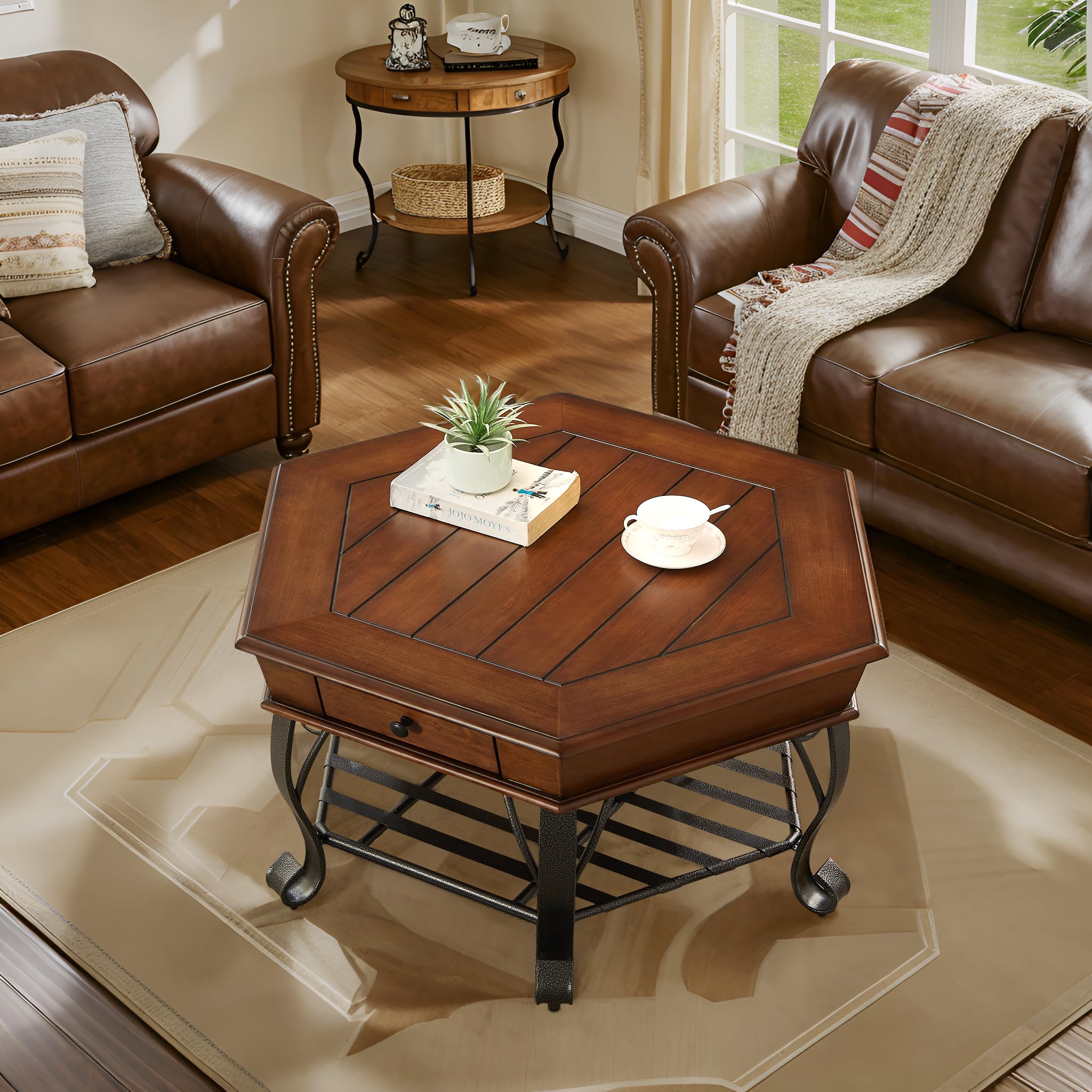 2 Tier Retro Hexagon Wood Coffee Table with Metal Leg, Farmhouse Mid-Century Coffee Table with Storage Shelf ＆ Drawer for Living Room(40" Dx40 Wx19 H)