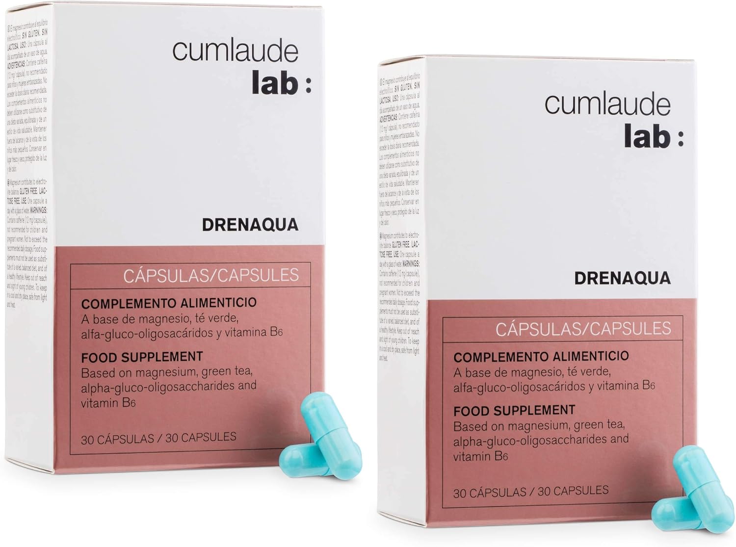 CUMLAUDE Drenaqua - Complemento Alimenticio Diurético para la Retención de Líquidos - con Té Verde, Prebióticos, Magnesio y Vitamina B6 - Duplo 2 x 30 Cápsulas
