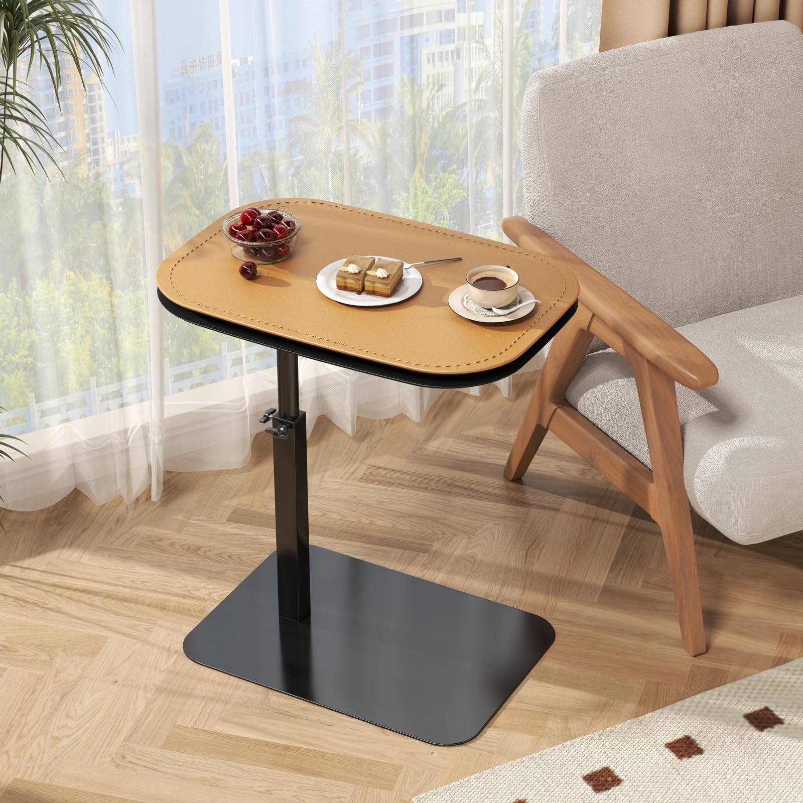 Tavolino a forma di C regolabile in altezza, tavolino per divano legno girevole a 360°, scrivania per computer portatile per divano/letto, piccolo tavolino C per soggiorno/camera da letto (orange)