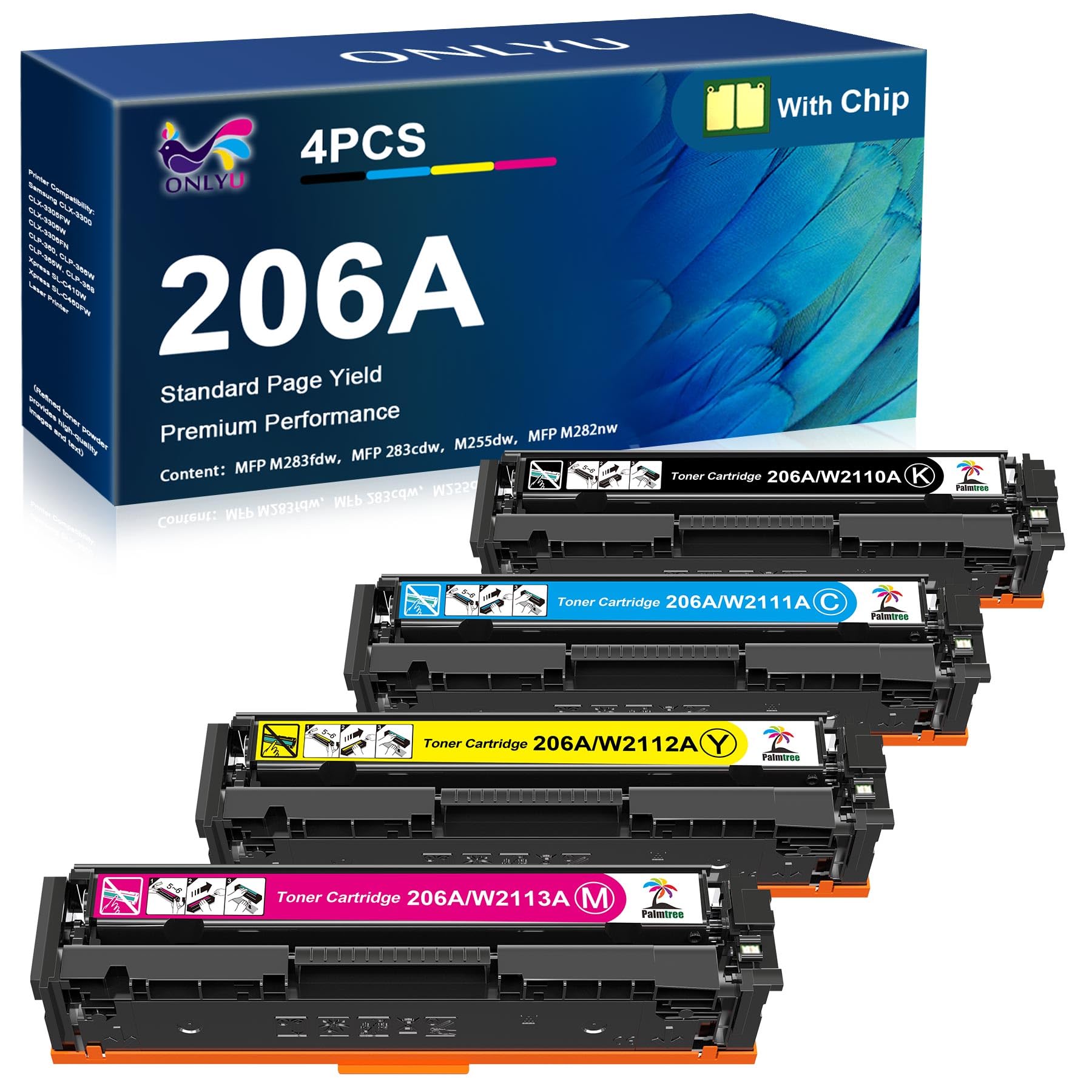 ONLYU Compatible 206A Toner Cartridge Replacement for HP 206A 206X Toner for HP Color Laserjet Pro MFP M283fdw M255dw M283fdn M255nw M282nw M283cdw M283 M255 Printer( 4 Packs with Chip)