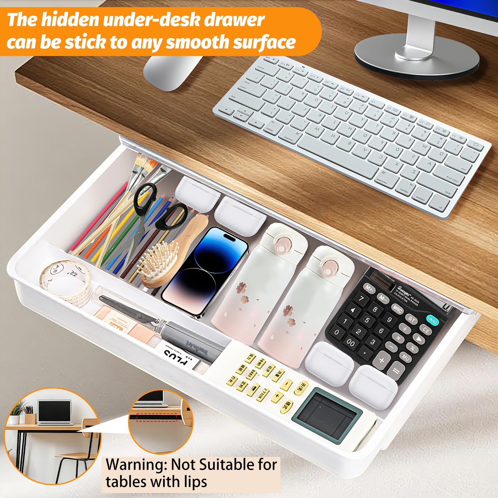 Ausziehbare Untertischschublade, selbstklebendes Aufbewahrungsfach für Zuhause und Büro, 32,2 x 28,2 x 5,4 cm, extra ausziehbare Schubladenlösung, platzsparendes Schreibtischzubehör