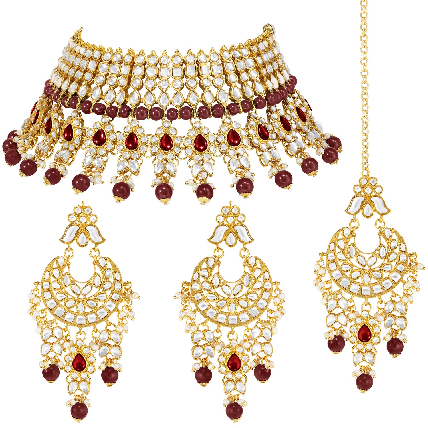 Aheli Set di gioielli Maang Tikka placcati in oro con collana girocollo e orecchini, regalo per donne
