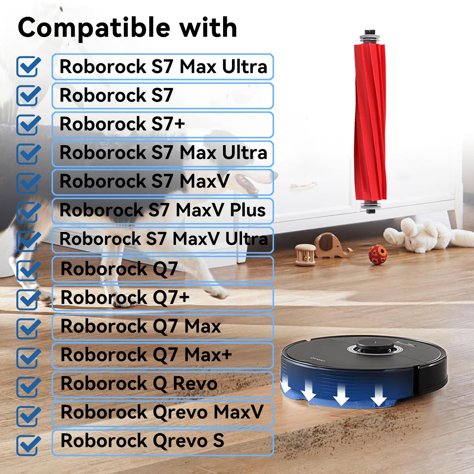 Rubber Main Brush Replacement for fit Roborock S7, S7+, S7 Max Ultra, S7 MaxV, S7 MaxV Plus, S7 MaxV Ultra, S7 Max Ultra, Q Revo,Qrevo MaxV,Qrevo S, Q7,Q7 +,Q7 Max,Q7 Max+ Robot Vacuum