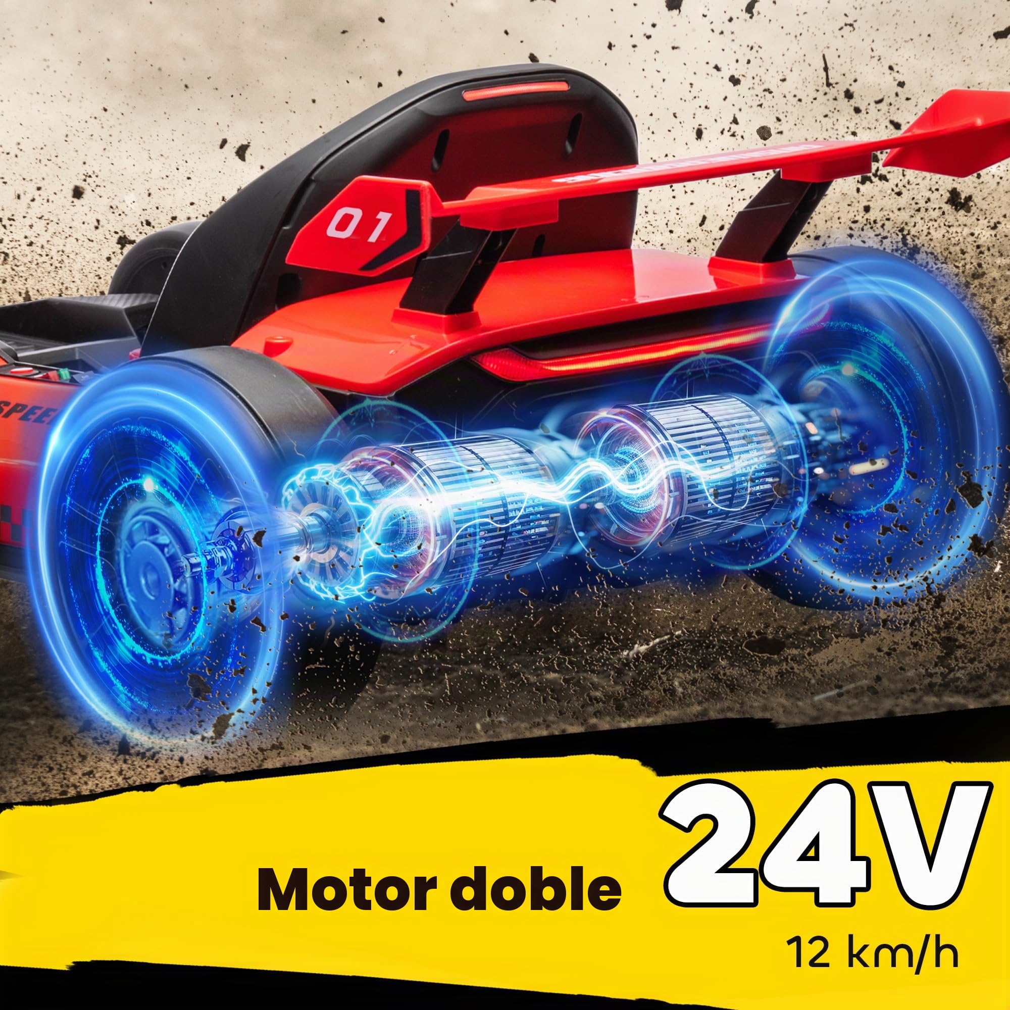 HOMCOM Kart eléctrico para niños 24V 2x150W luces LED Drift Música 2 velocidades asiento ajustable rojo