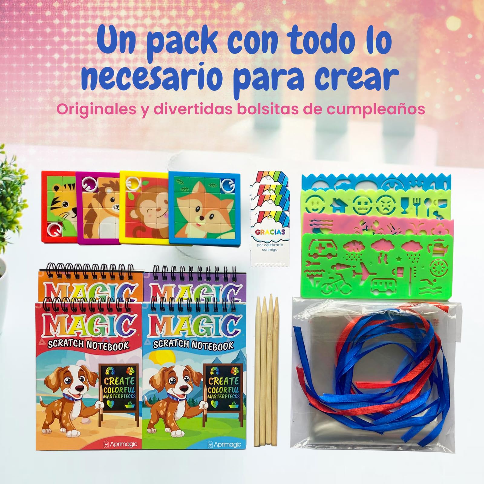 Pack 24 Libretas Scratch, Puzzles y Bolsas de Regalo - Regalos Cumpleaños Niños Colegio - Bolsitas Cumpleaños Infantiles - Detalles Cumpleaños Niños (24)
