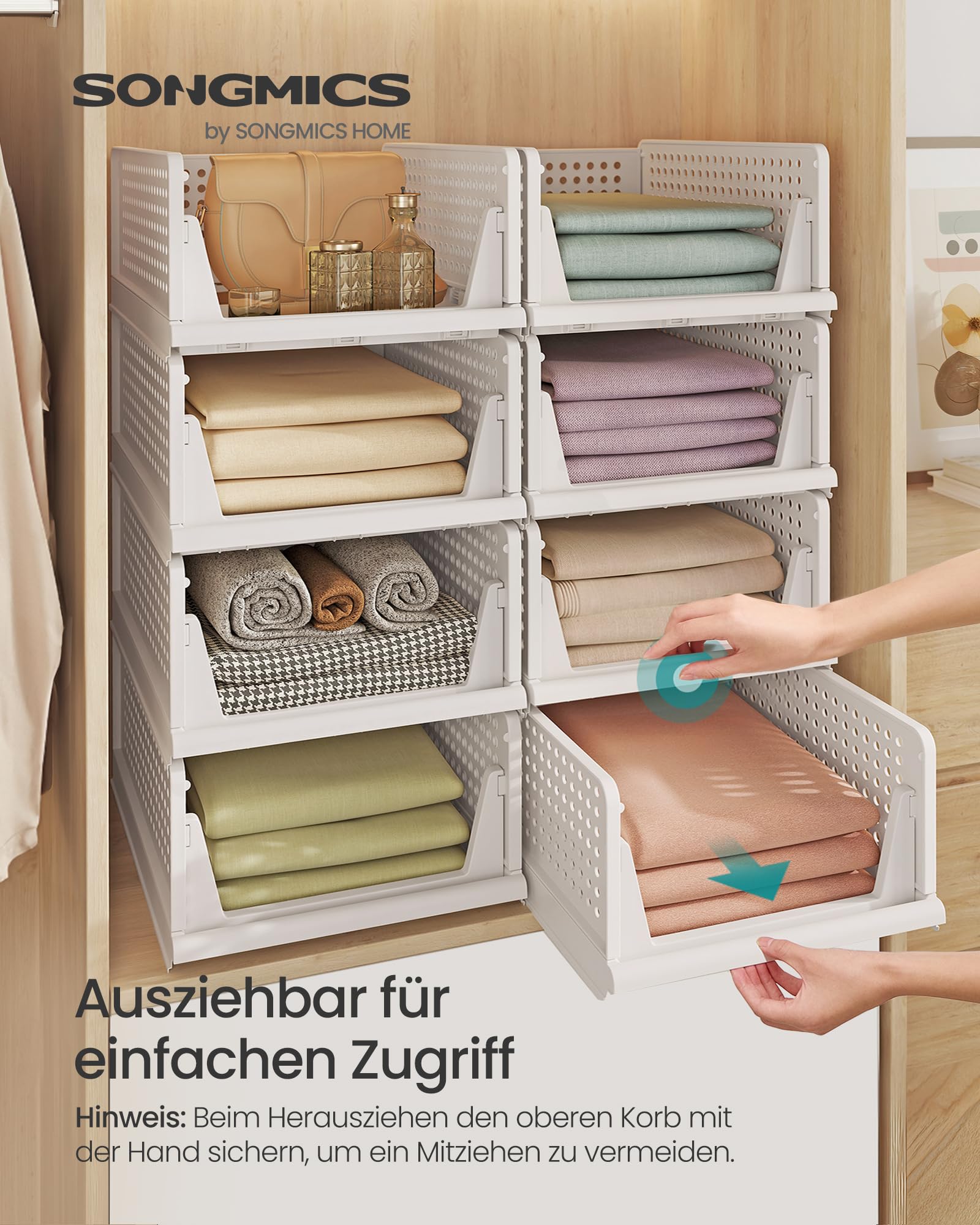 SONGMICS Schrank-Organizer 8er Set, klappbar, stapelbar, ausziehbarer Korb | Kleiderschrank-Organizer, Kunststoff, Aufbewahrung und Organisation, weiß, DENNYS Kollektion LPC800WZ01