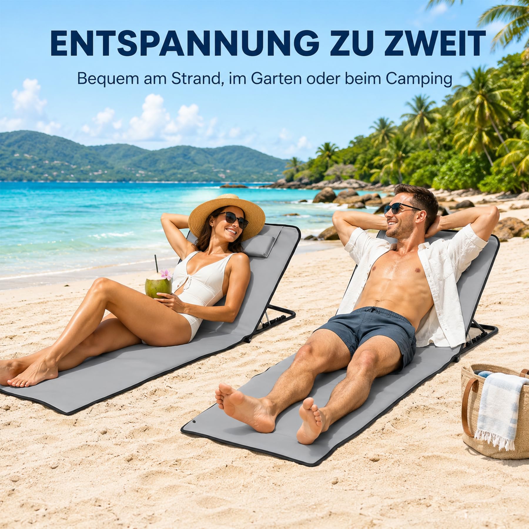 Shengruili 2Pcs Strandmatte mit Rückenlehne,Strand Liegestuhl Leicht,Strand Liege Camping mit Aufbewahrungstasche,Tragbare Sonnenliege für Strand, Camping & Garten,Platzsparend & stabil