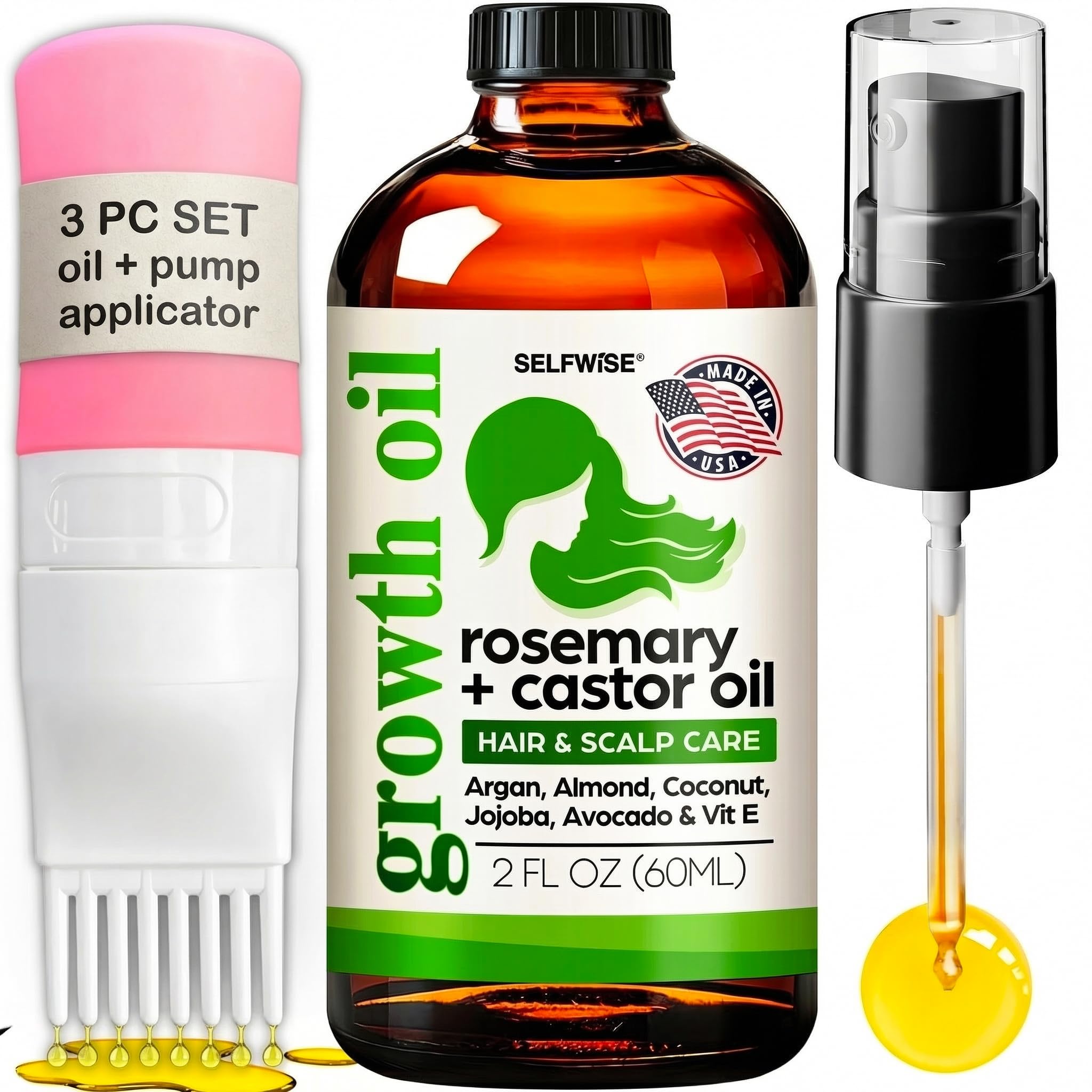 Organic Rosemary Oil For Hair Growth with Castor, Argan, Coconut, Almond, Jojoba, Avocado, Grapeseed, Vitamin E, Lavender & Peppermint for Hair & Scalp Treatment, All Hair Types, Men & Women 2oz