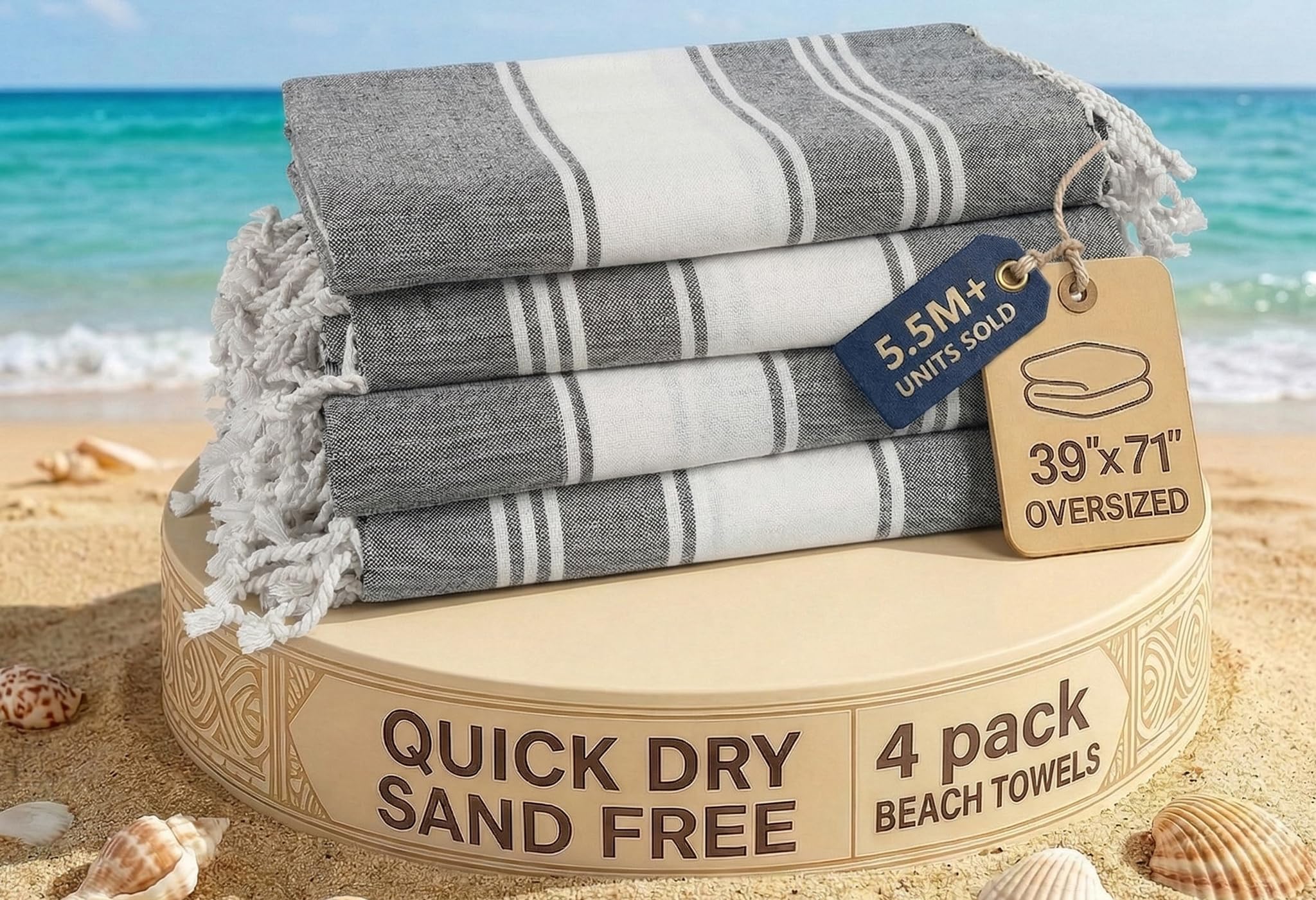 Lane Linen Smoky Black Beach Towels 4 Pack Oversized - Cotton Rich Turkish Towel Set, Pre-Washed Oversized Beach Towel, Quick Dry Beach Towels For Travel, Large Pool Towels, 39"X71"