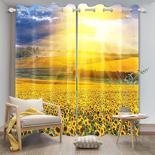 Miniatura 3 de Renaiss Cortinas opacas con diseño de girasoles de amanecer, vida campestre, tierras de cultivo, dormitorio, paisaje natural, cortinas amarillas