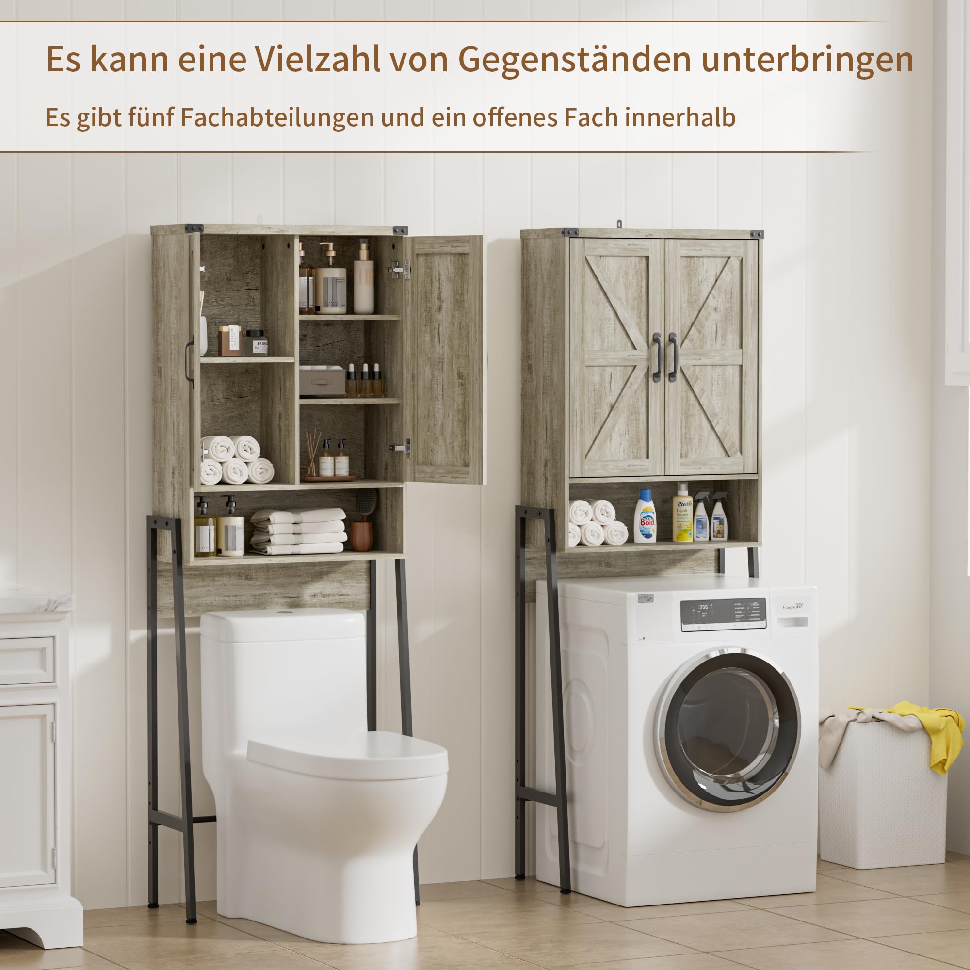 BonVache Toilettenregal mit 2 Türen, Badezimmerregal mit Schrank und Offene Fächer, Regalen für kleine Waschmaschinen, Toilettenschrank für Badezimmer, 171x59.6x25.3cm, Grau