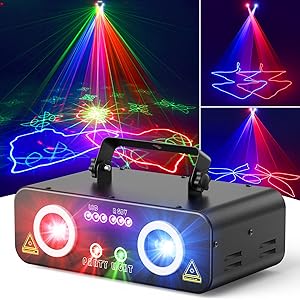 KeoBin DJ Laser Lights for Party, Professional 5 in 1 RGBUV Laser Light Show Projector Support DMX512, Sound Activated with Remote Control for Indoor Parties Disco Club KTV Bar Stage DJ Lighting