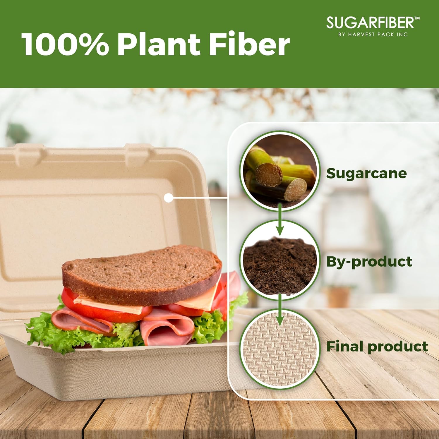 [500 COUNT]Sugarfiber by Harvest Pack PFAS FREE 9 X 6" Compostable Clamshell Food Containers, Heavy-Duty Hinged Container, Disposable Bagasse Eco-Friendly Natural Sugarcane Takeout to go Box