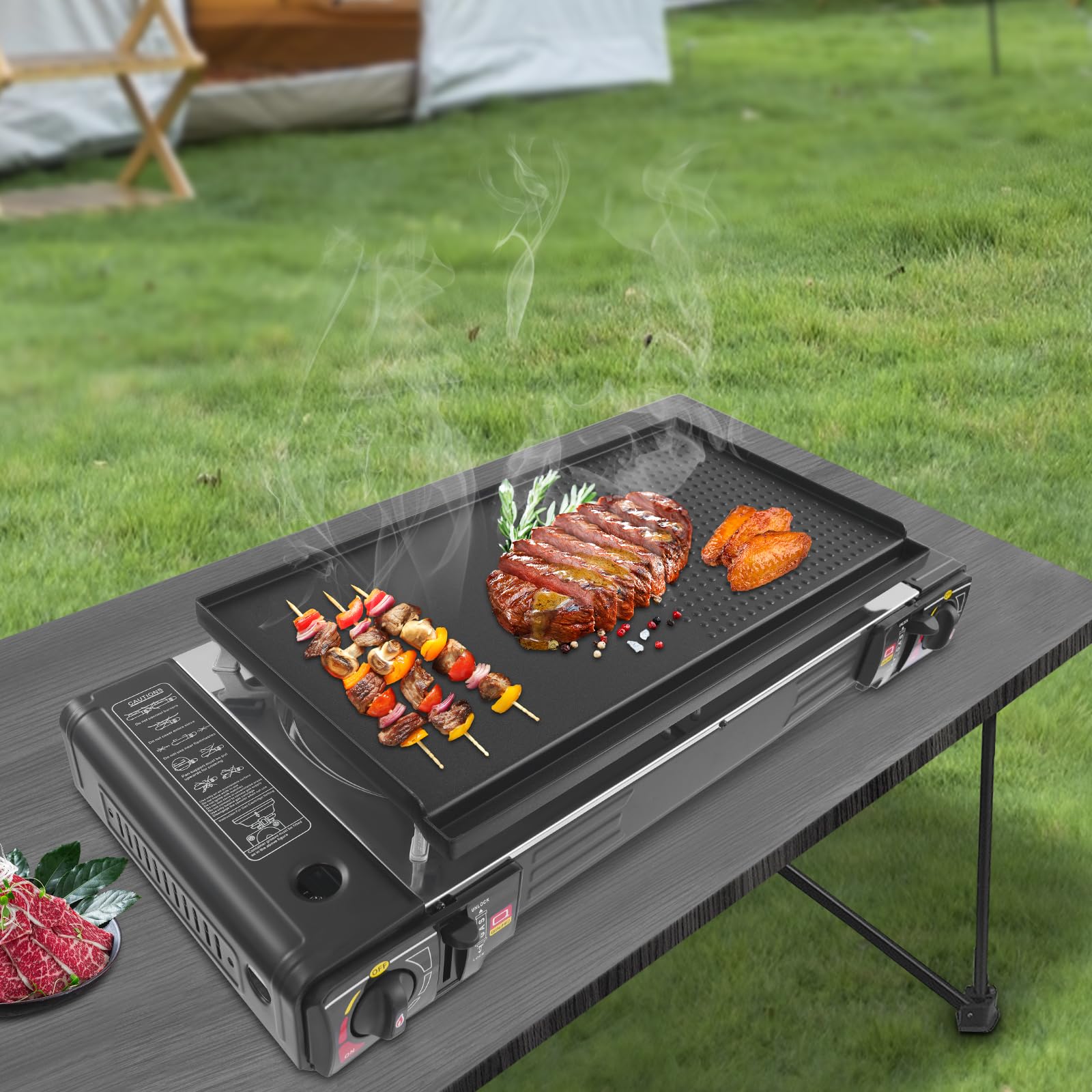 Réchaud Gaz Camping 2 Feux 2,5KW Barbecue Portable Plaque Boîtier | Réchaud gaz camping 2 feux 2,5KW, barbecue portable avec plaque antiadhésive, boîtier, allumage piézo, butane/GPL, 4,09kg.