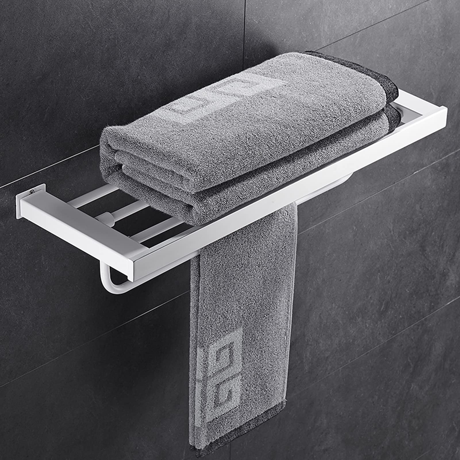 LMYSXAOZ Bathroom Towel Rack with Storage Shelves, 60cm/23.6inch, SUS 304 Stainless Steel White Shelf, Wall Mounted and Kitchen Bar Rail, Polished Finish