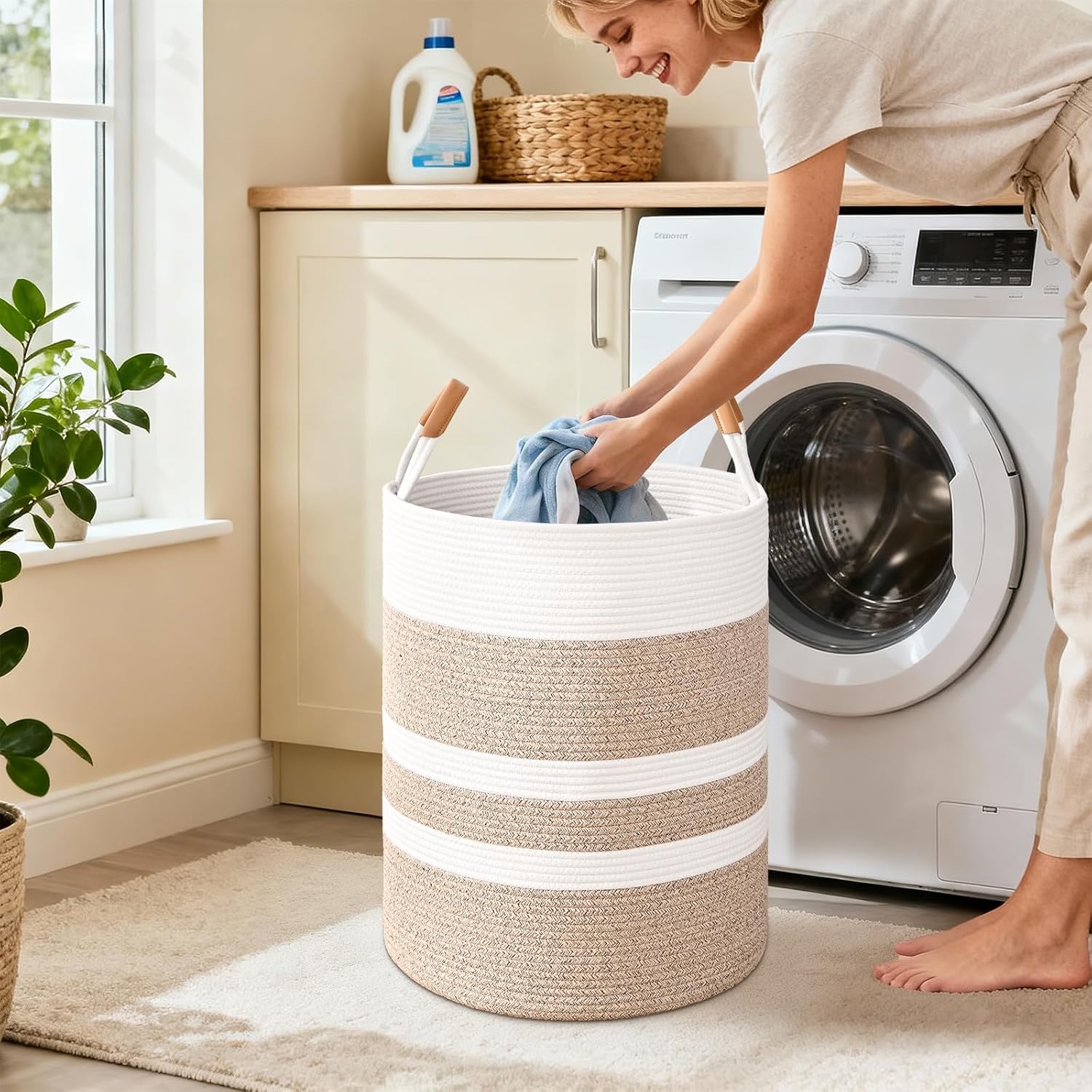 90L Striped Laundry Basket, Brown Laundry Hamper with Leather Handles, Woven Cotton Rope Storage Bin for Blankets, Nursery Hamper for Clothes, Toys In Bathroom, Livingroom, Bedroom