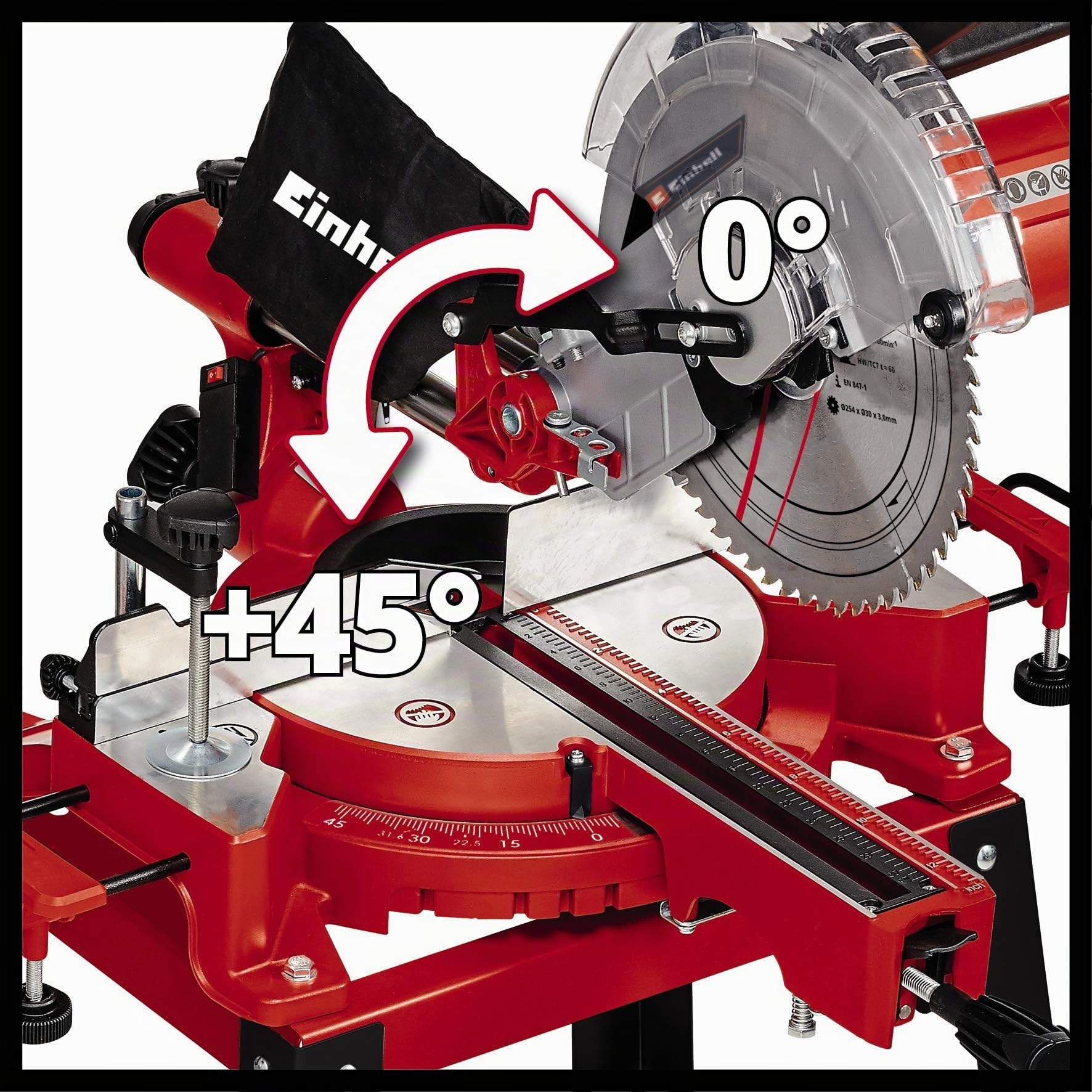 Einhell TC-SM 2531/2 U Troncatrice radiale (230-240 V, 1900 W, giri al min. 4800, lama Ø254 x ø30-60 denti, inclinabile sinistra 0-45°, taglio max 310 x 70 mm, con banchetto)