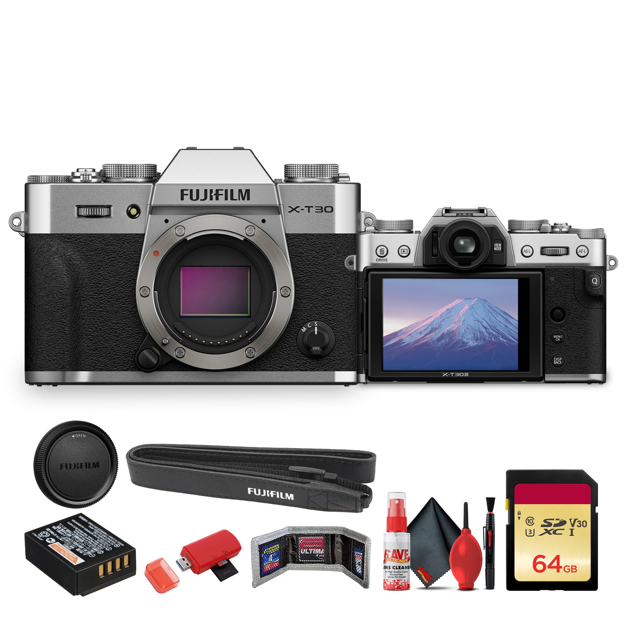 FUJIFILM X-T30 III Mirrorless Camera Body (Silver) (16957346) Bundle with + 64GB Memory Card + Memory Card Wallet + Cleaning Kit