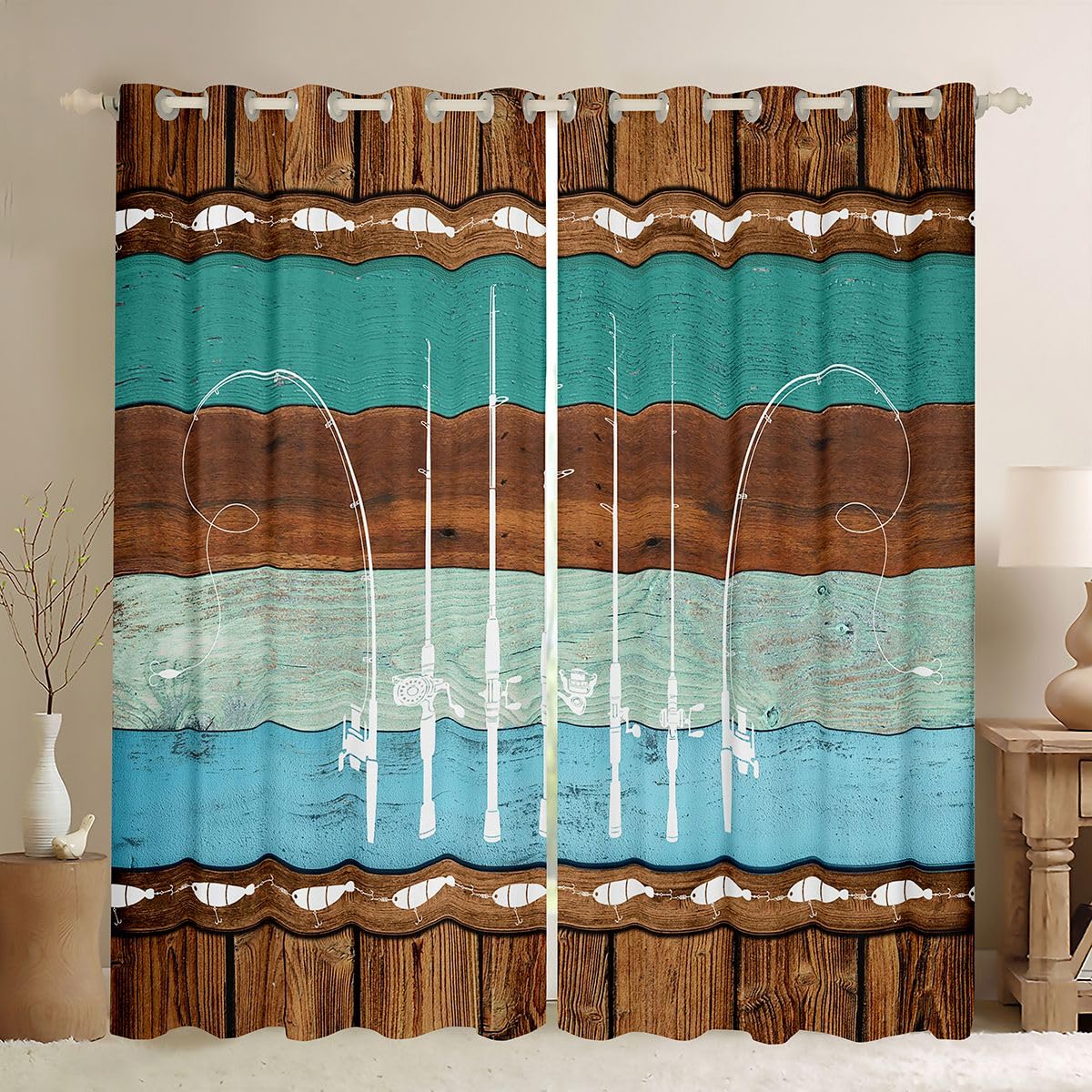 Fish Blackout Curtains Fishing Gifts for Men,Ice Fishing Gear Fishing Curtains & Drapes Retro Patchwork Wood Fishhook 2 Panels 42"Wx90"L,Angling