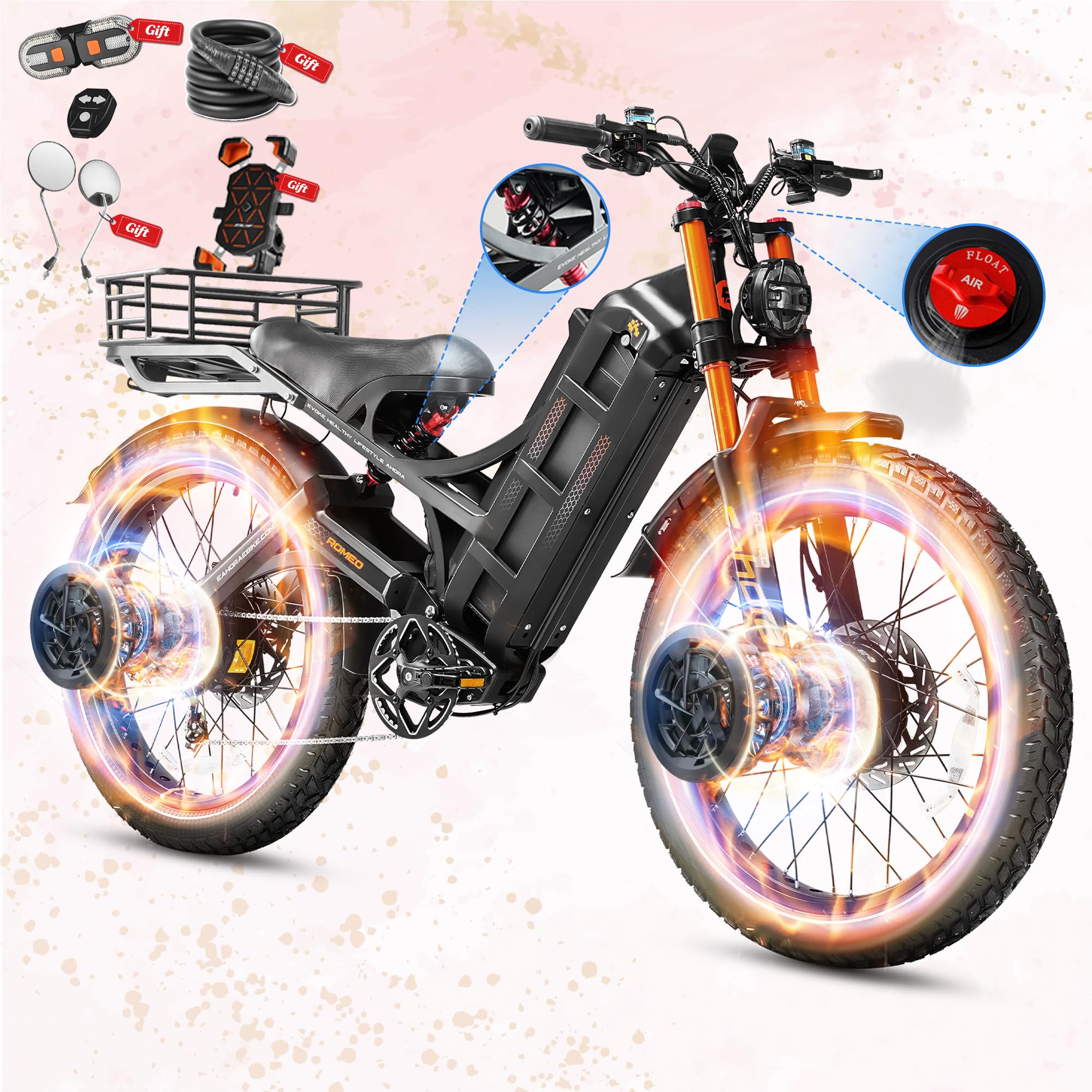 eAhora 2026 Romeo Pro 3/2 52-46Mph Electric Bike for Adults 6000W/4000W/2500W Dual Motor Ebike 60V/80Ah 52V/70Ah Long Range Fat Tire Full Suspension Electric Mountain Bicycle