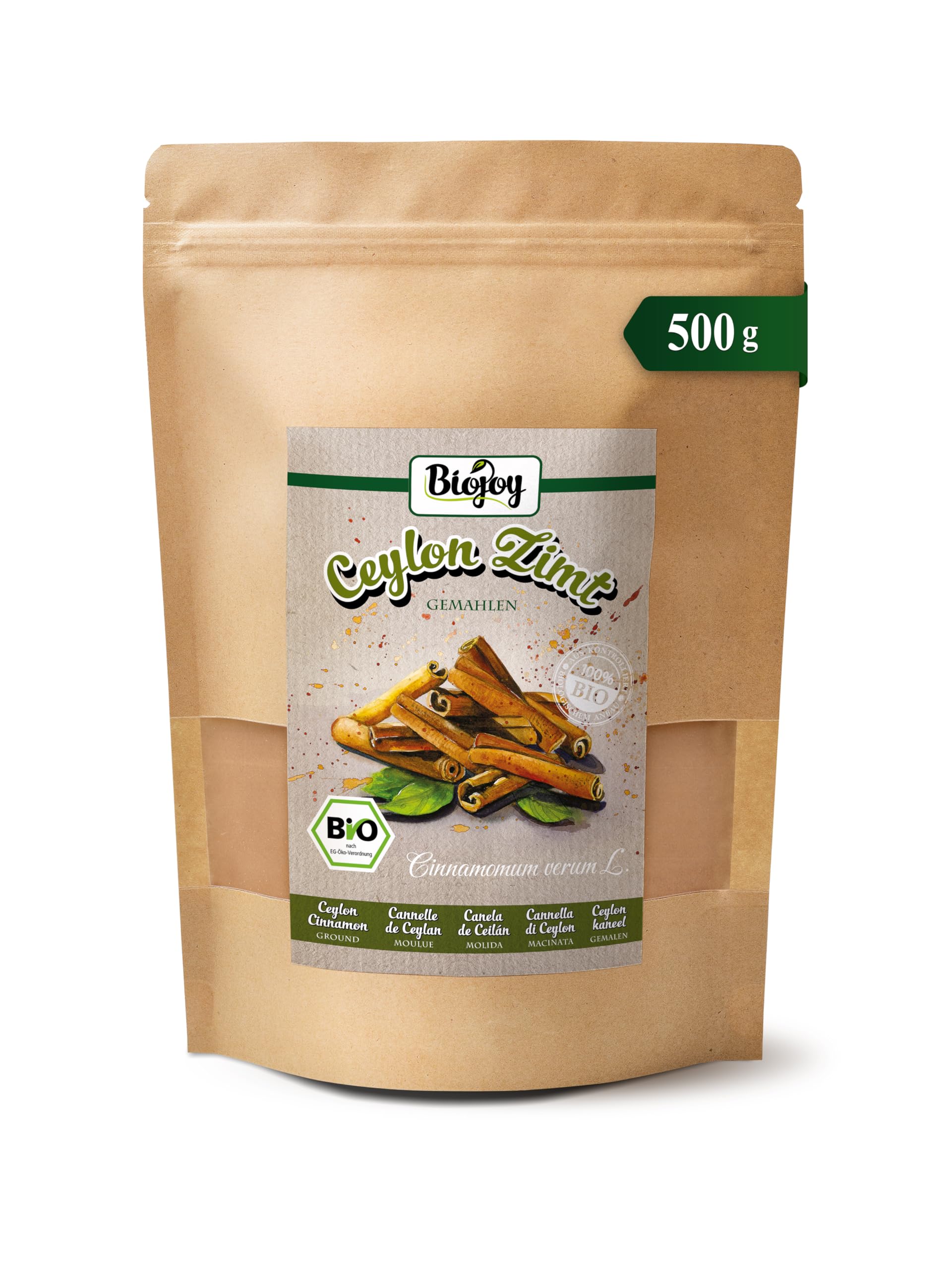 Biojoy Cynamon cejloński BIO mielony, prawdziwy proszek ze Sri Lanki, 500 g | Idealna do posypywania lub pieczenia, Cinnamomum verum L.