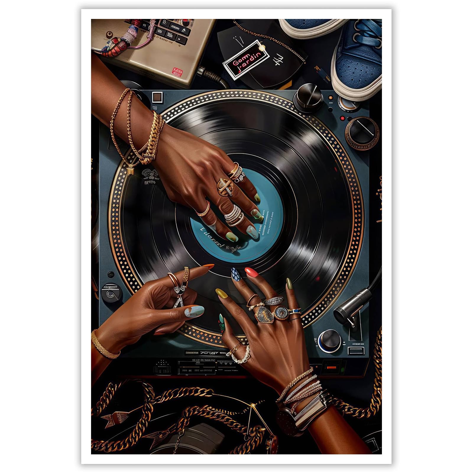 ZHGYGBN DJ Hands & Vinyl Record Wall Art - Abstract Street Style Canvas Print with Jewelry Details, Music Room Decor, Unframed 16x24 Inch