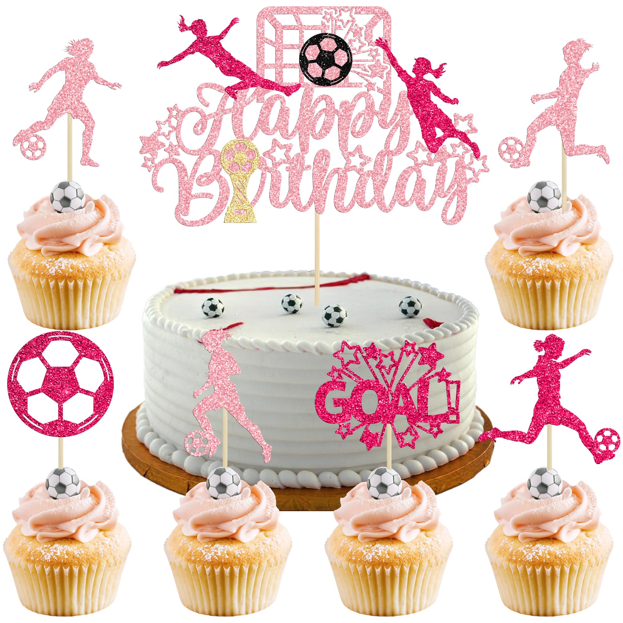 Ephlyn 25Pcs Soccer Cupcake Toppers Happy Birthday Cake Topper Glitter Women Girl Football Cake Decorations for Sports Theme Soccer Party Decoration
