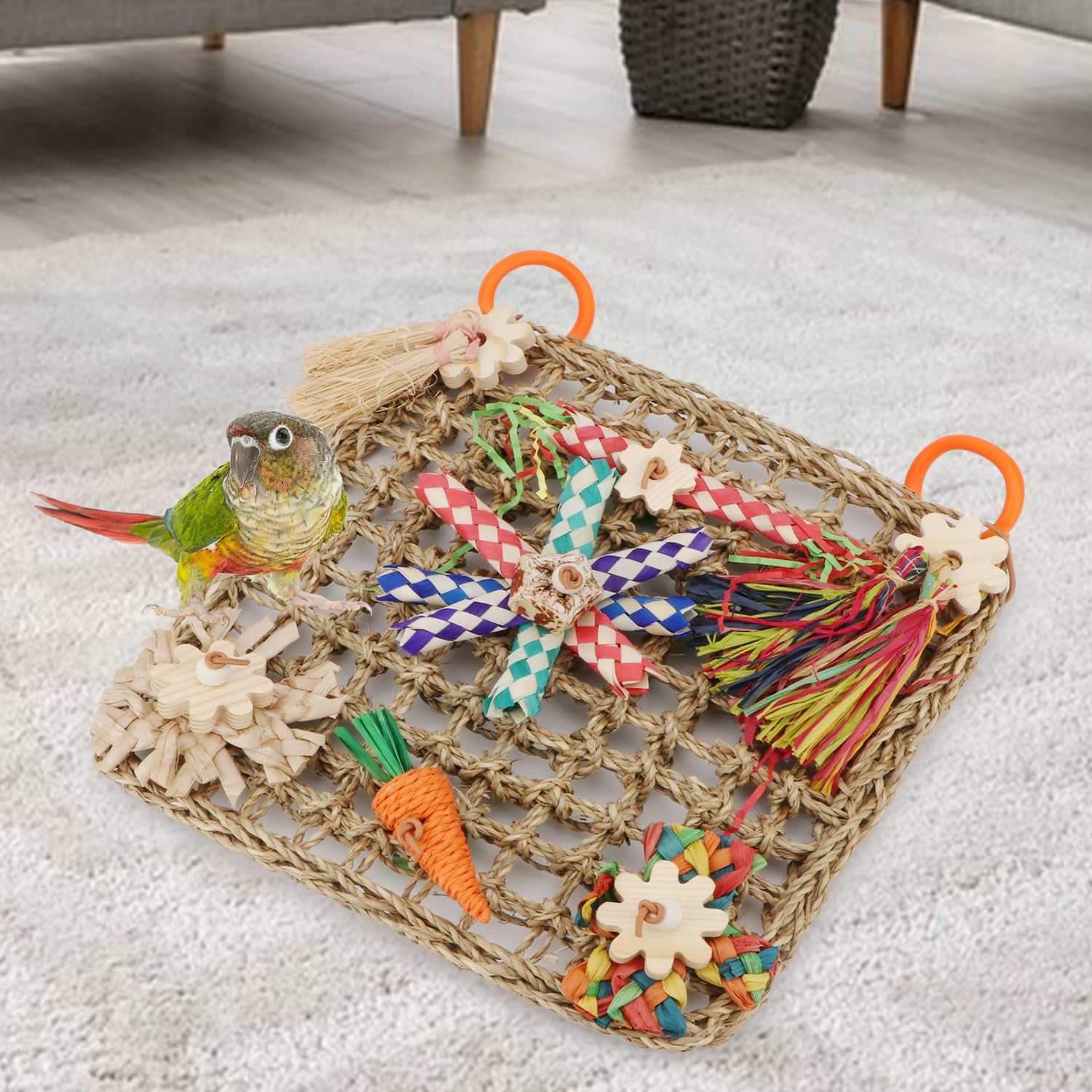 Hypeety Bird Toys Parrot Foraging Toys Bird Chew Toys Parakeet Shredding Seagrass Climbing Mat with Various Toys for Conure, Cockatiel, Lovebird, Parakeet, Budgie (L(Carrot)) - image 7