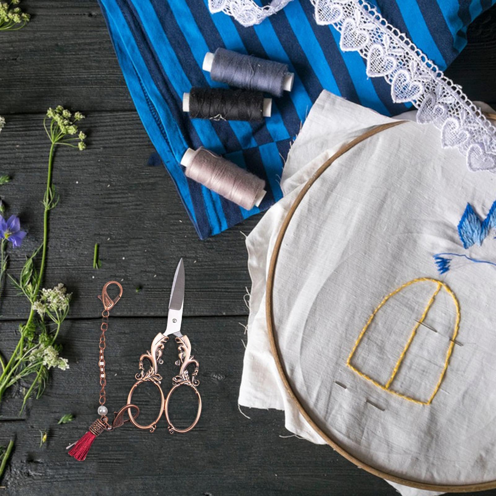Anulely Vintage schaar, vintage borduurschaar, kleine knutselschaar, retro haakschaar in Europese stijl met ketting, doe-het-zelf gereedschap voor kunstwerken, borduurwerk en naaien