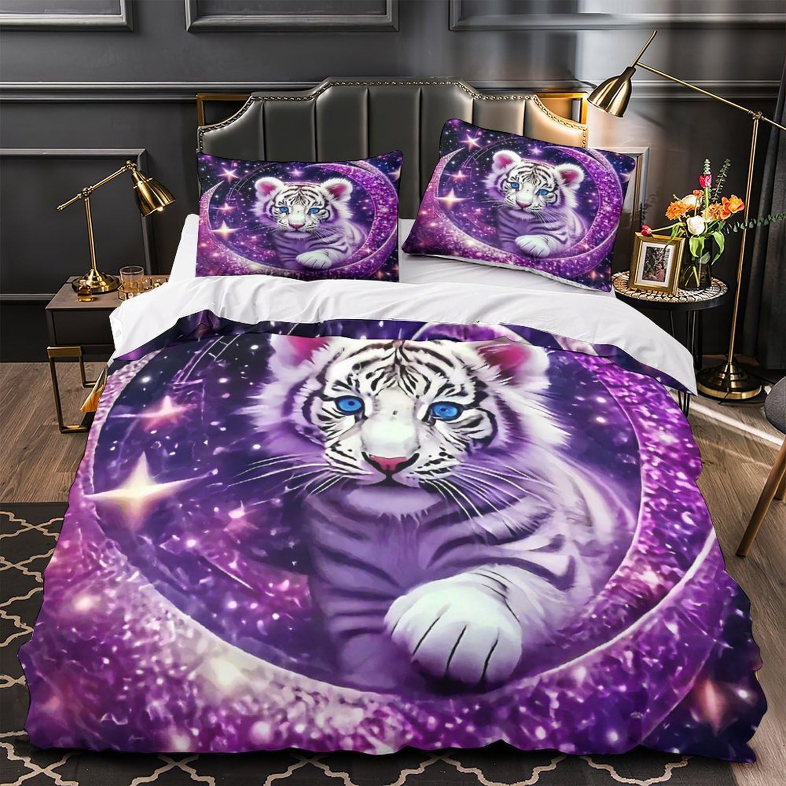 Parure de lit tigre blanc housse de couette 200x200 cm imprimée 3D avec fermeture éclair