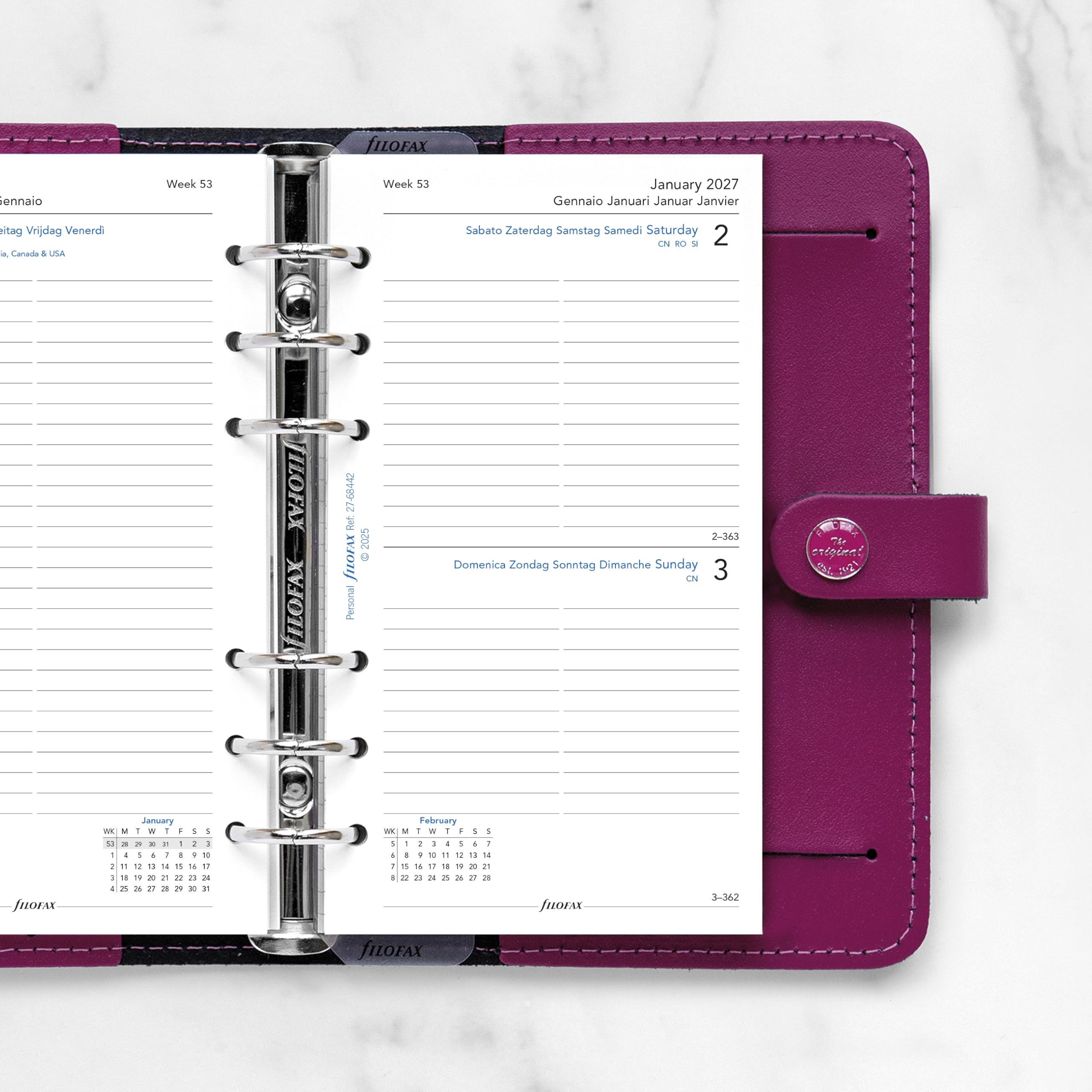 Filofax Recharge d'agenda 2027 - Format personnel/compact - 1 jour sur une page avec rendez-vous - Papier blanc - Multilingue : cinq langues - C68442-27
