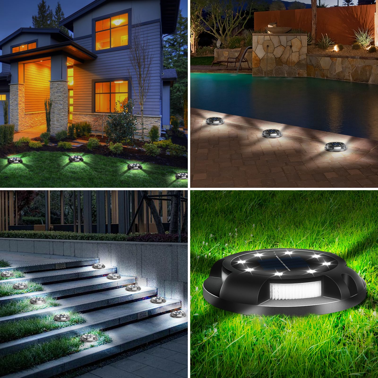 Swivel Disk Lights Solar Powered Ground Lights 8 Pack, 12 LEDs