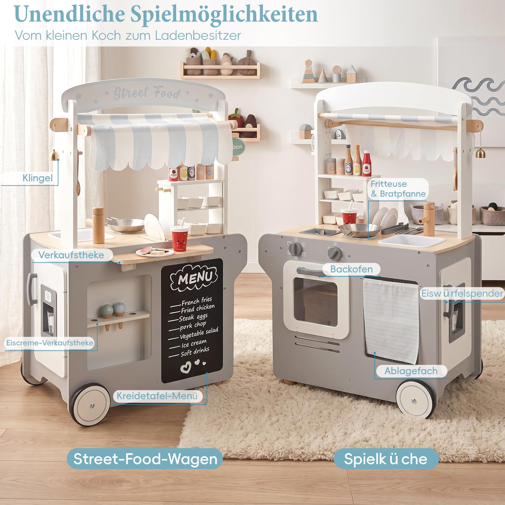 Holz Spielküche für Kinder, Imbisswagen für Rollenspiele mit Verkaufsfenster, Kreidetafel Menü & Zubehör, Kaufladen Spielzeug für Jungen und Mädchen ab 3 Jahren