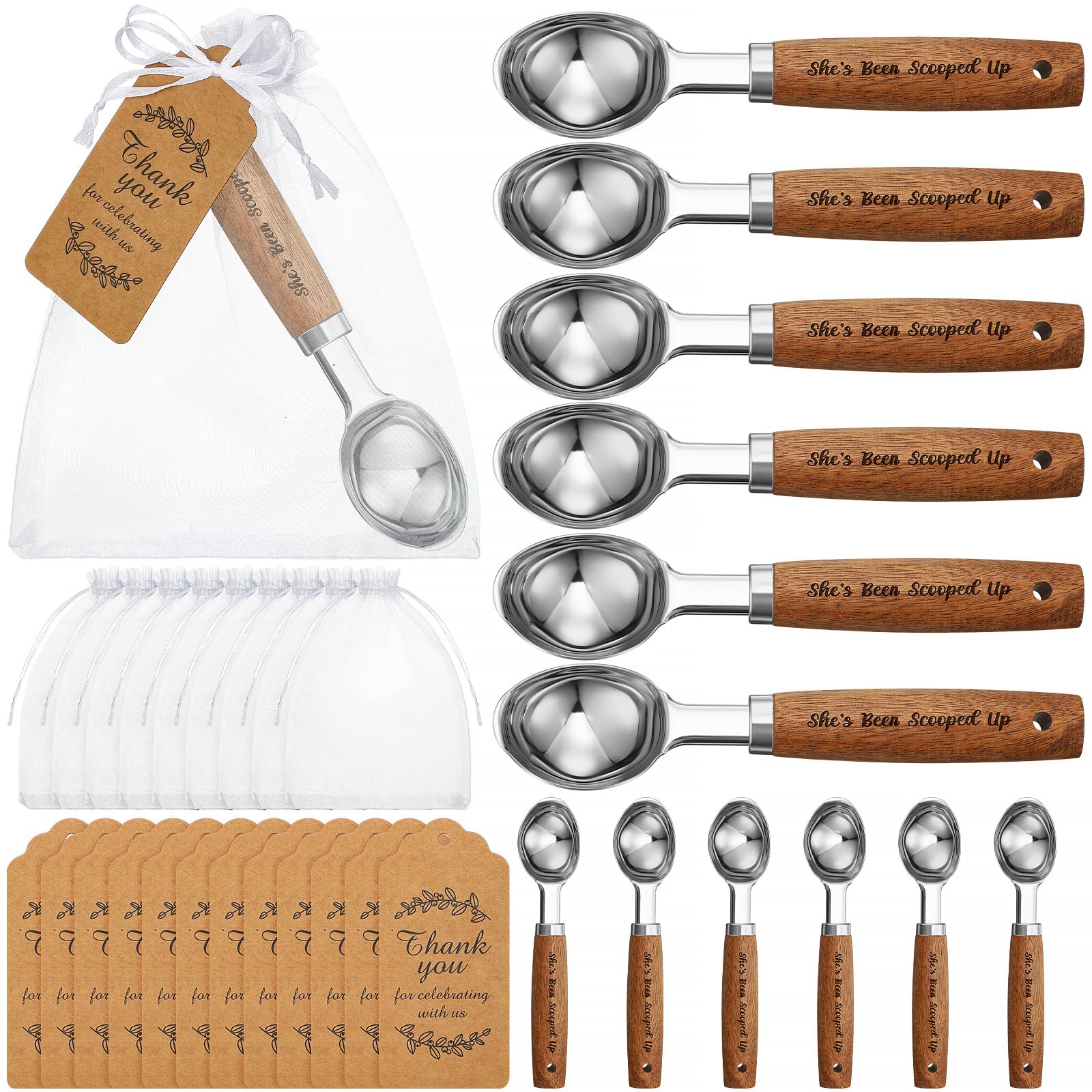 Hushee Juego de 12 cucharas de helado con mango de madera, cuchara de helado de metal con tarjetas, bolsas de organza para bodas, fiestas, decoración de despedida de soltera, regalos de pareja,