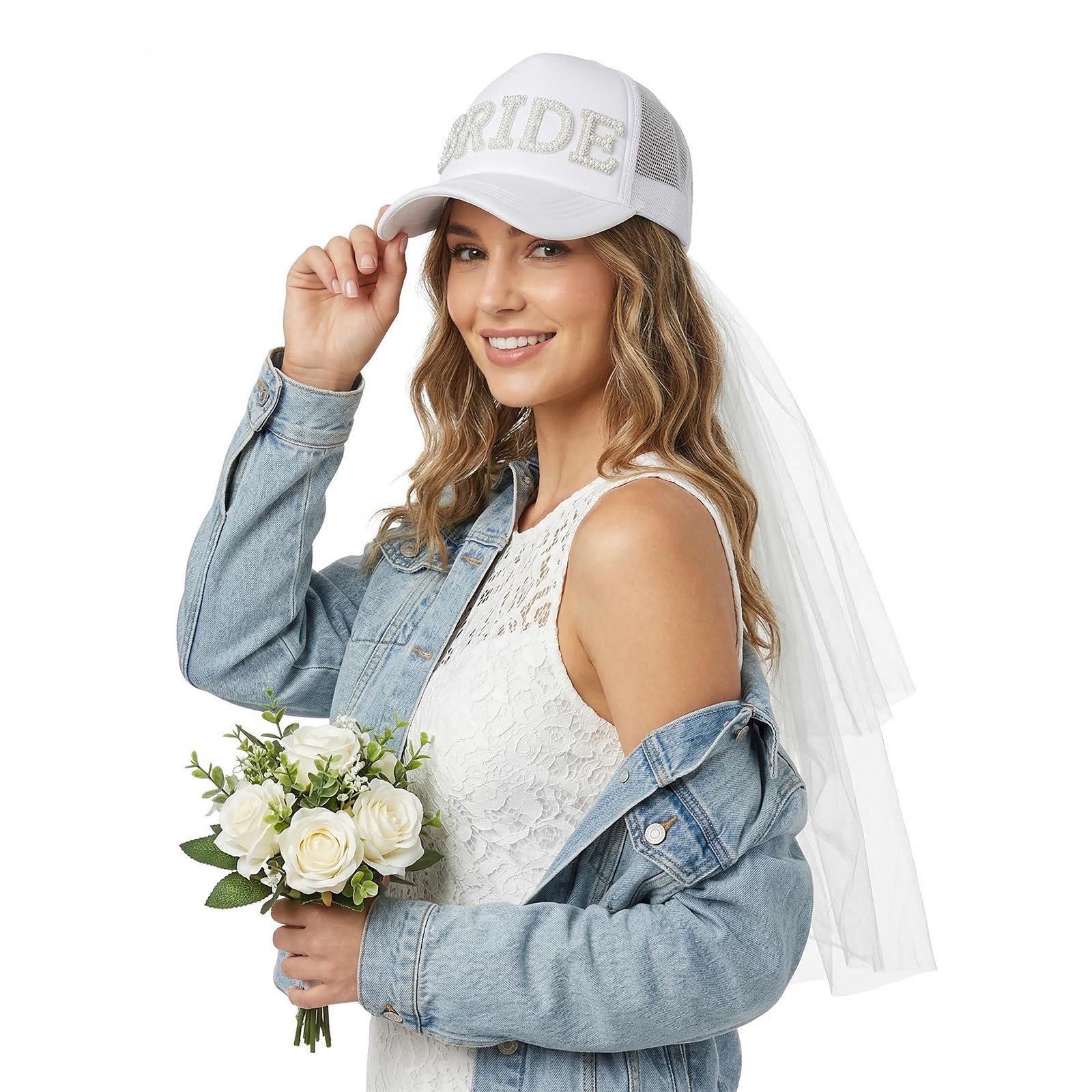 Sparkly Rhinestone Pearl Groom Bride Wedding Caps Anti-UV Cool Mesh Bridal Sun Hats Headwear Baseball Cap with White Veil for Outdoor Beach Wedding Bachelorette Party Bridal Shower Bride to Be
