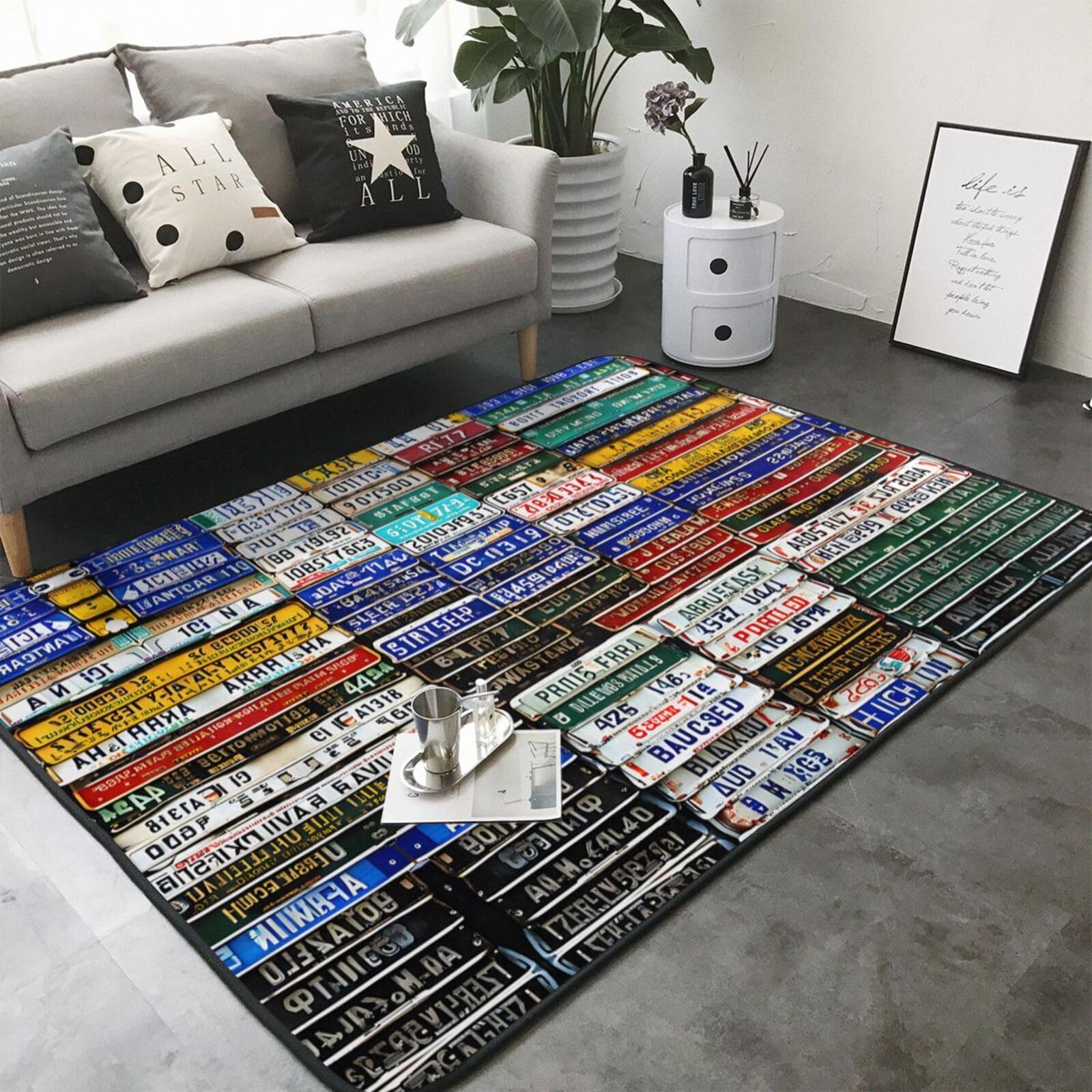 License Plate Print Living Room Anti Slip and Absorbent Carpet, Indoor Bedroom Bed Floor Mat, Ultra Soft Washable Carpet 80x58 in