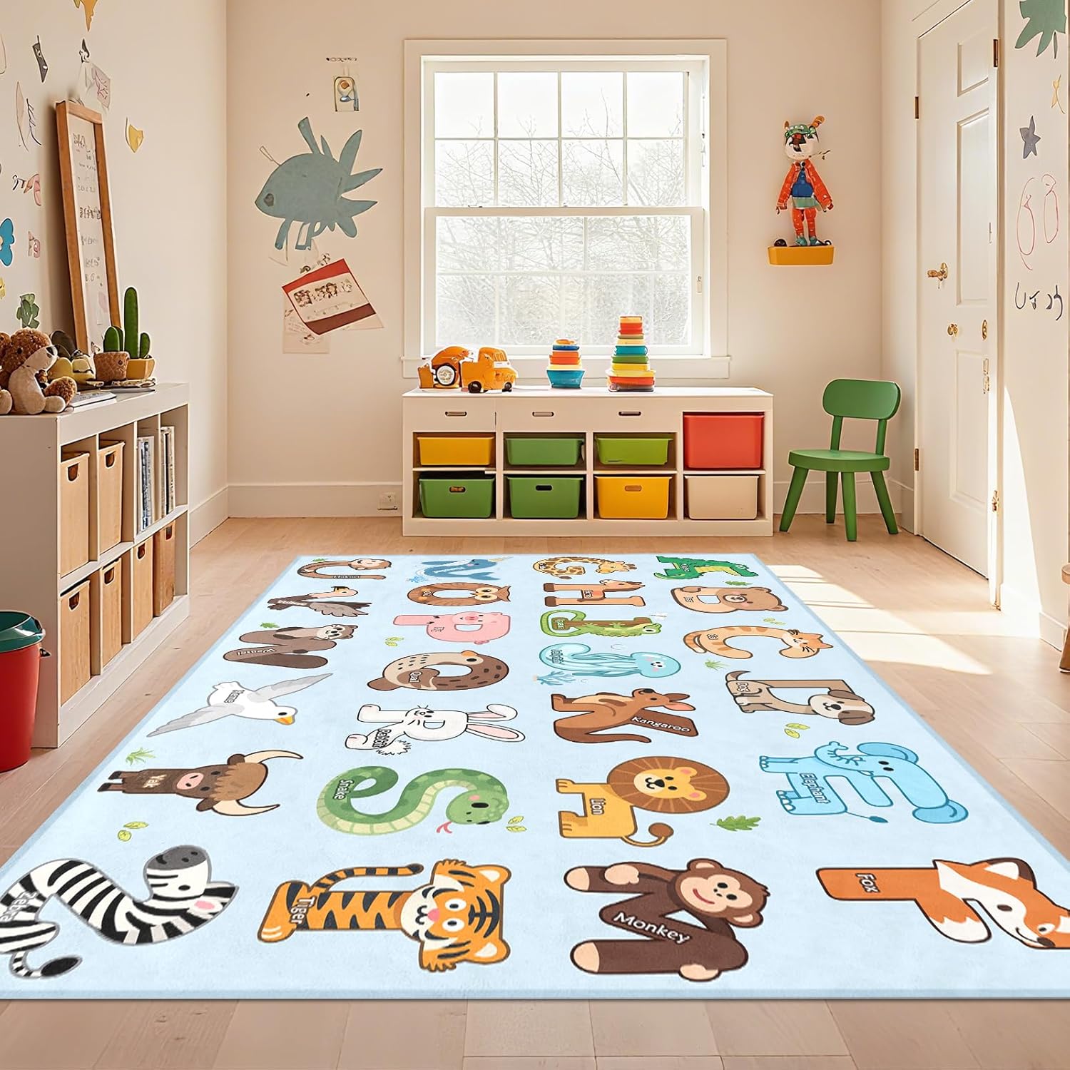 ABC Rugs for Kids Playroom - 4.5x6 Feet Alphabet Rug Kids Play Carpet Preschool Learning Animals, Educational Rug for Children Toddler Bedroom Nursery Kindergarten Decor, Blue