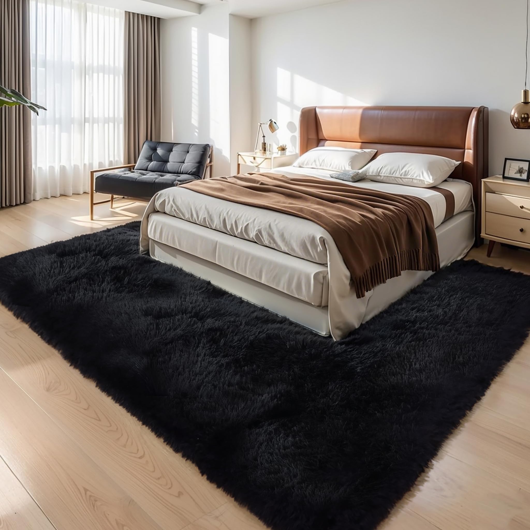 KICHOWUA Thick Area Rug Black Fluffy Shag 6x9 for Bedroom, Ultra