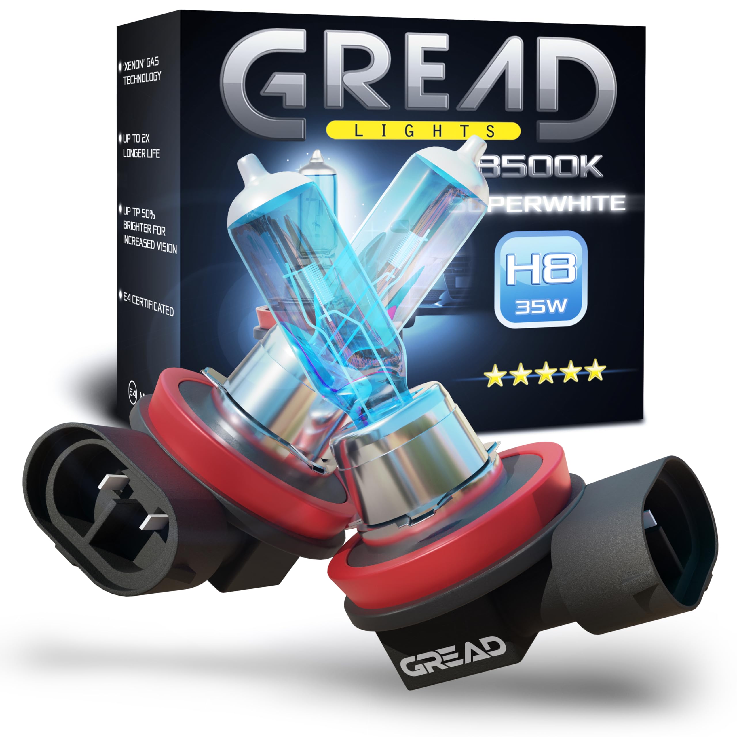Gread - 2x H8 lampada alogena Xenon Style - bianco - 8500k 35W - E-Mark