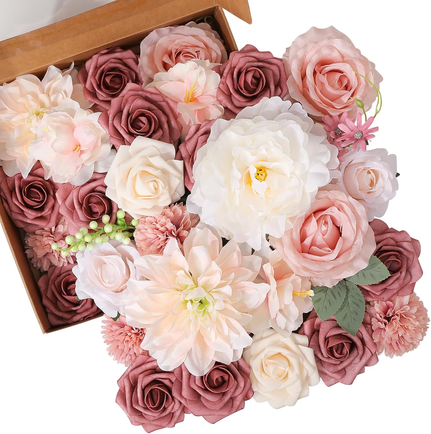 Floweroyal 2 Layers Artificial Flowers Combo Pink Flowers Mix Silk Flowers Dahlia Roses with Stems for Wedding Bridal Bouquets, Baby Shower, Floral Arrangement, Table Centerpieces Blush Pink Full