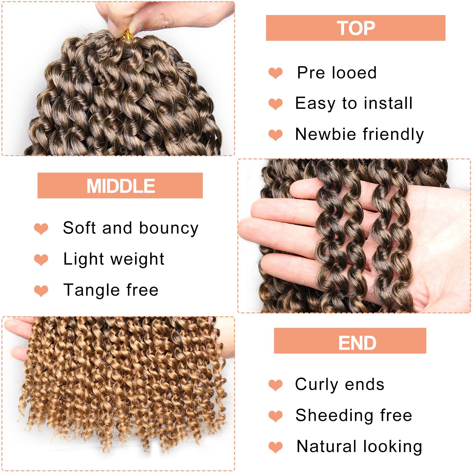 Mscat Passion Twist Hair 24 Inch 7 Packs Ombre Brown Water Wave Crochet Hair Curly Braiding Hair Short Bohemian Spring Twist Hair For Butterfly Locs Crochet Braids Synthetic Hair Extension T27# - Image 3