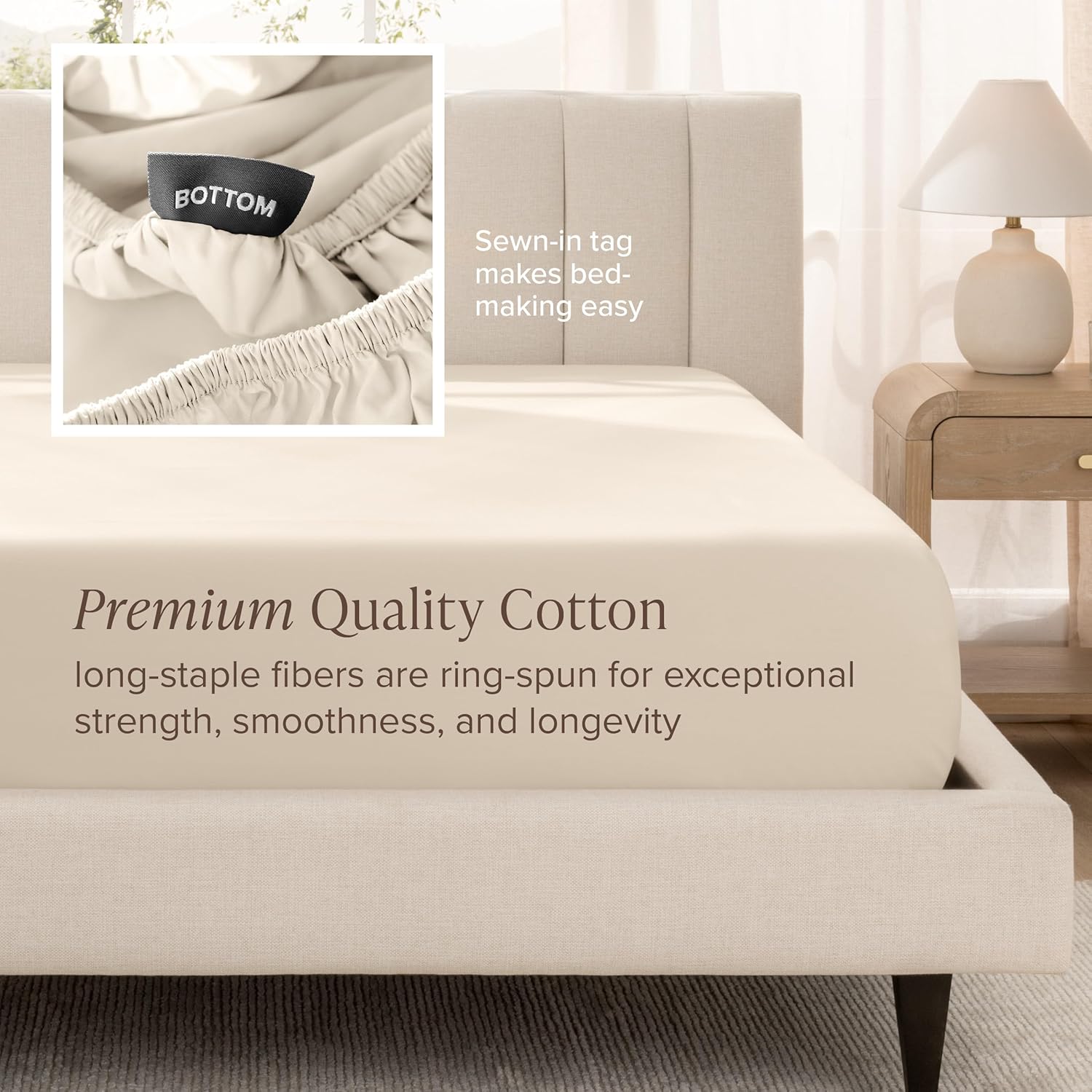 Bare Home 100% Organic Cotton Sateen Fitted Sheet - 400 Thread Count - Smooth Sateen Weave - Breathable & Cooling - Hotel Luxury - Durable Fitted Sheet - Deep Pocket (Queen, Sand)