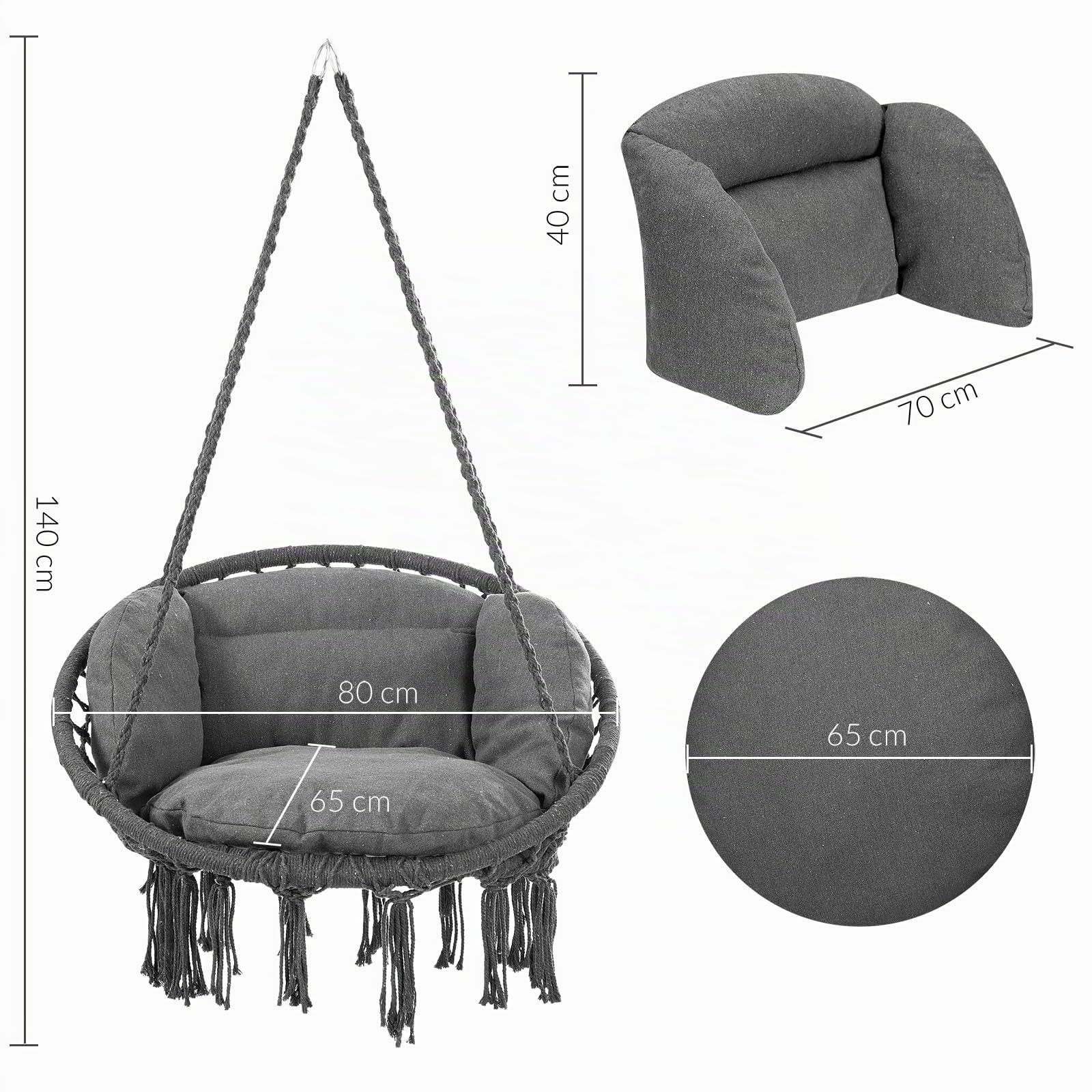 DETEX® Fauteuil Suspendu avec Coussins Anthracite hamac extérieur Chaise Suspendue balancelle Relax Jardin capacité 150 kg Fauteuil de Lecture
